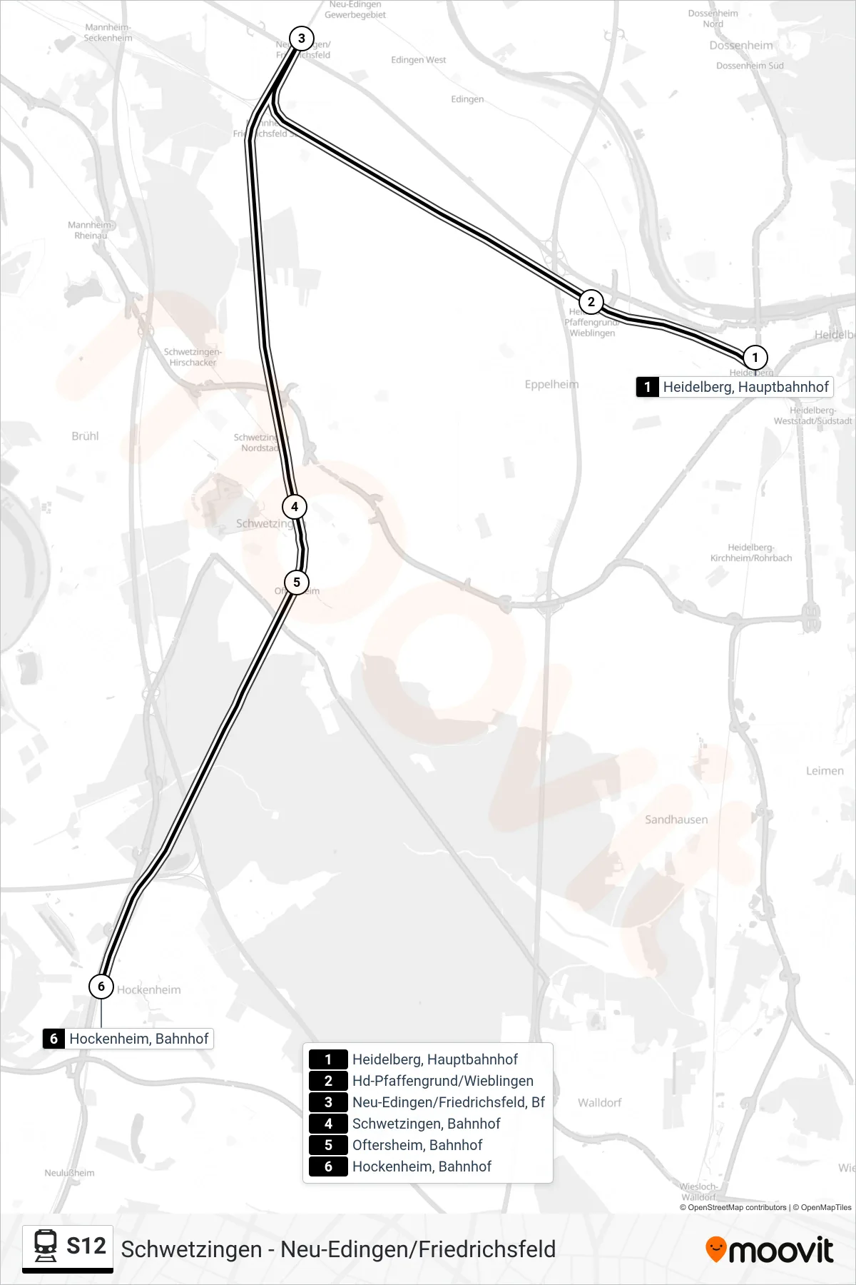 S12 train Line (Hockenheim) route and stops on a map