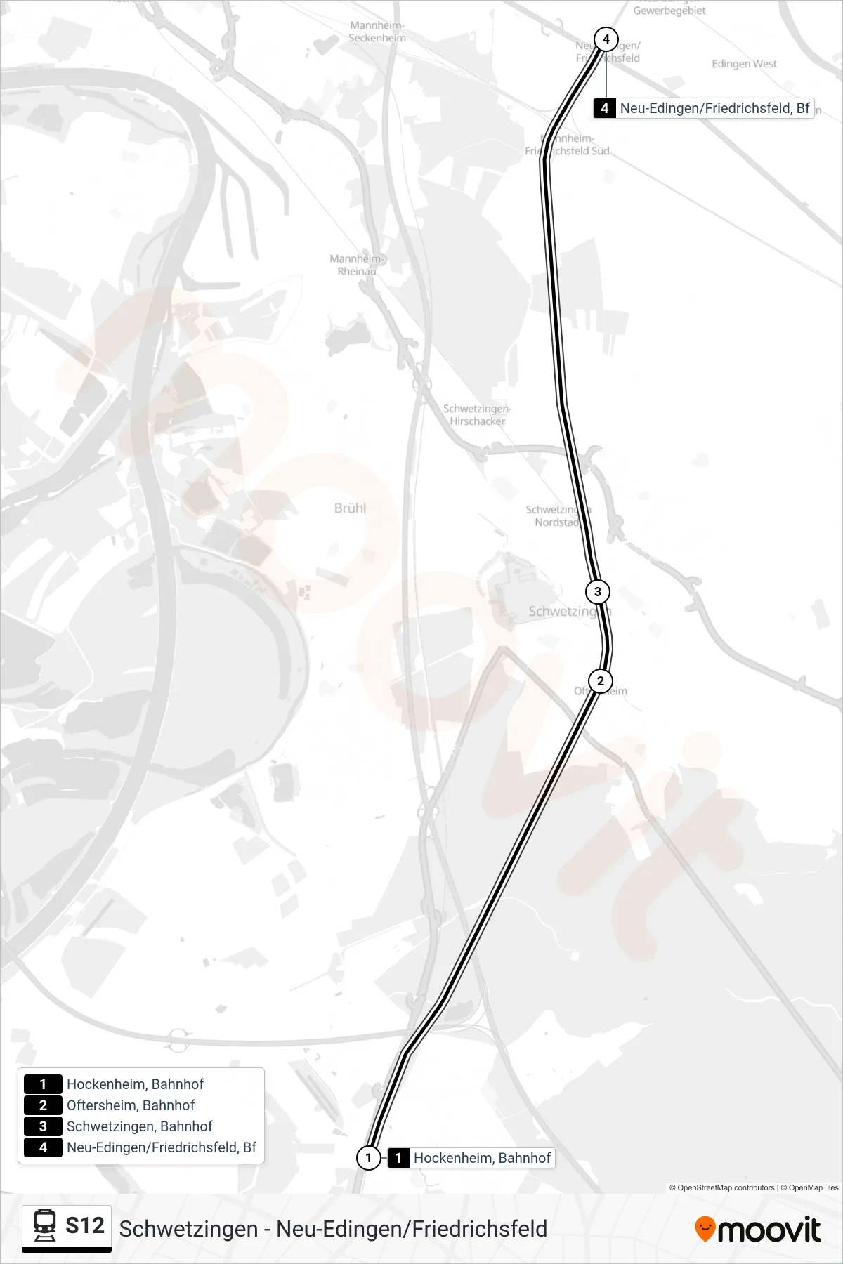 Linie S12 (Bahn) Richtung Neu-Edingen/Friedrichsfeld: Route und Haltestellen auf der Karte