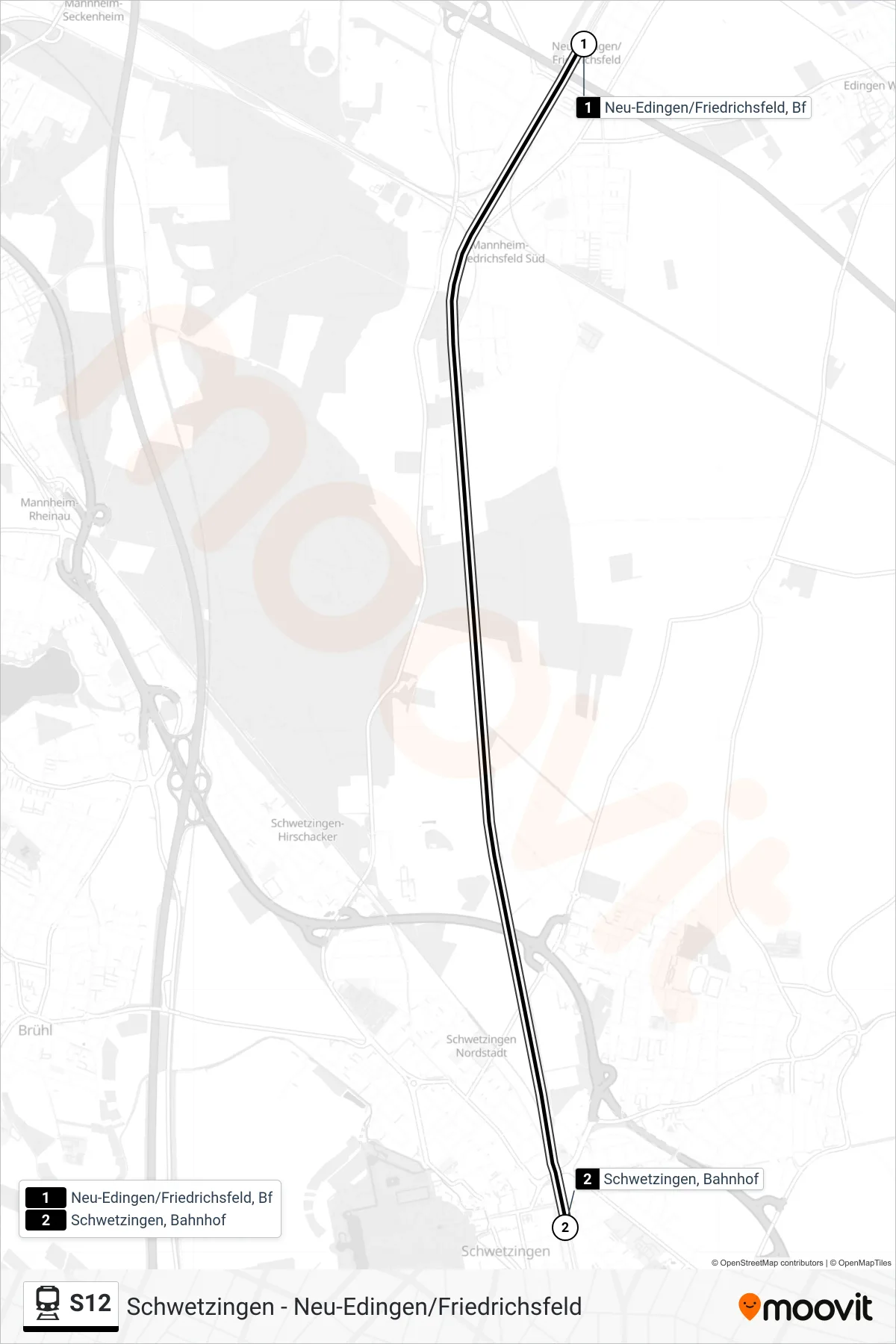 S12 train Line (Schwetzingen) route and stops on a map