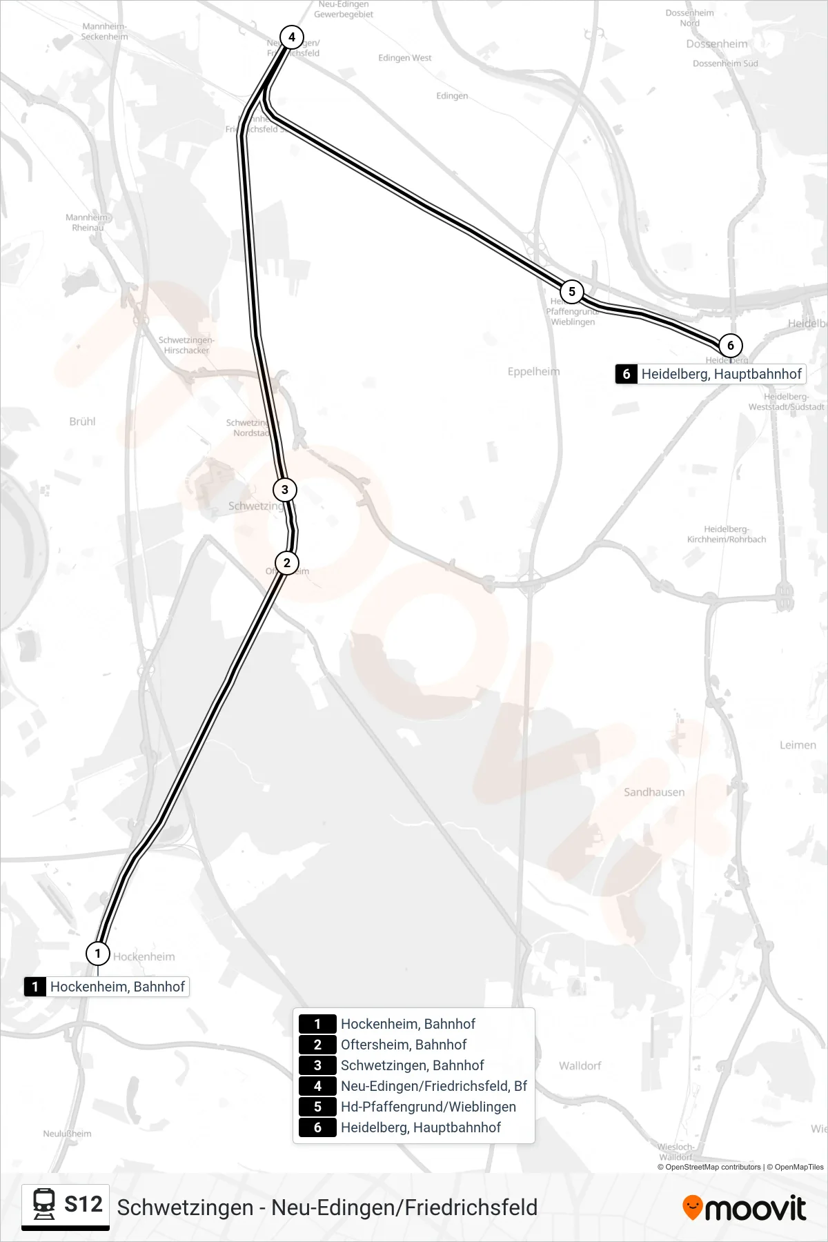 S12 train Line (Heidelberg Hbf) route and stops on a map