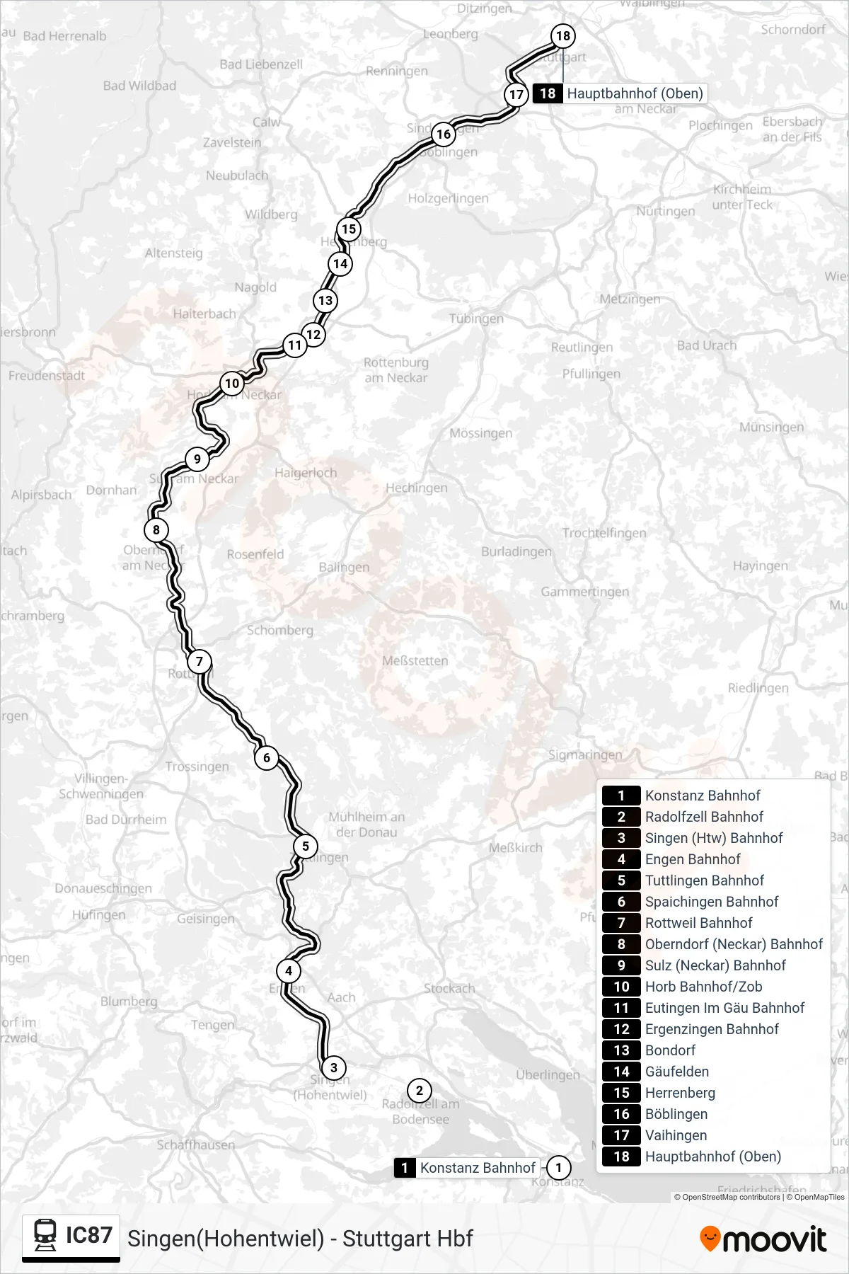 Linie IC87 (Bahn) Richtung Stuttgart Hbf: Route und Haltestellen auf der Karte