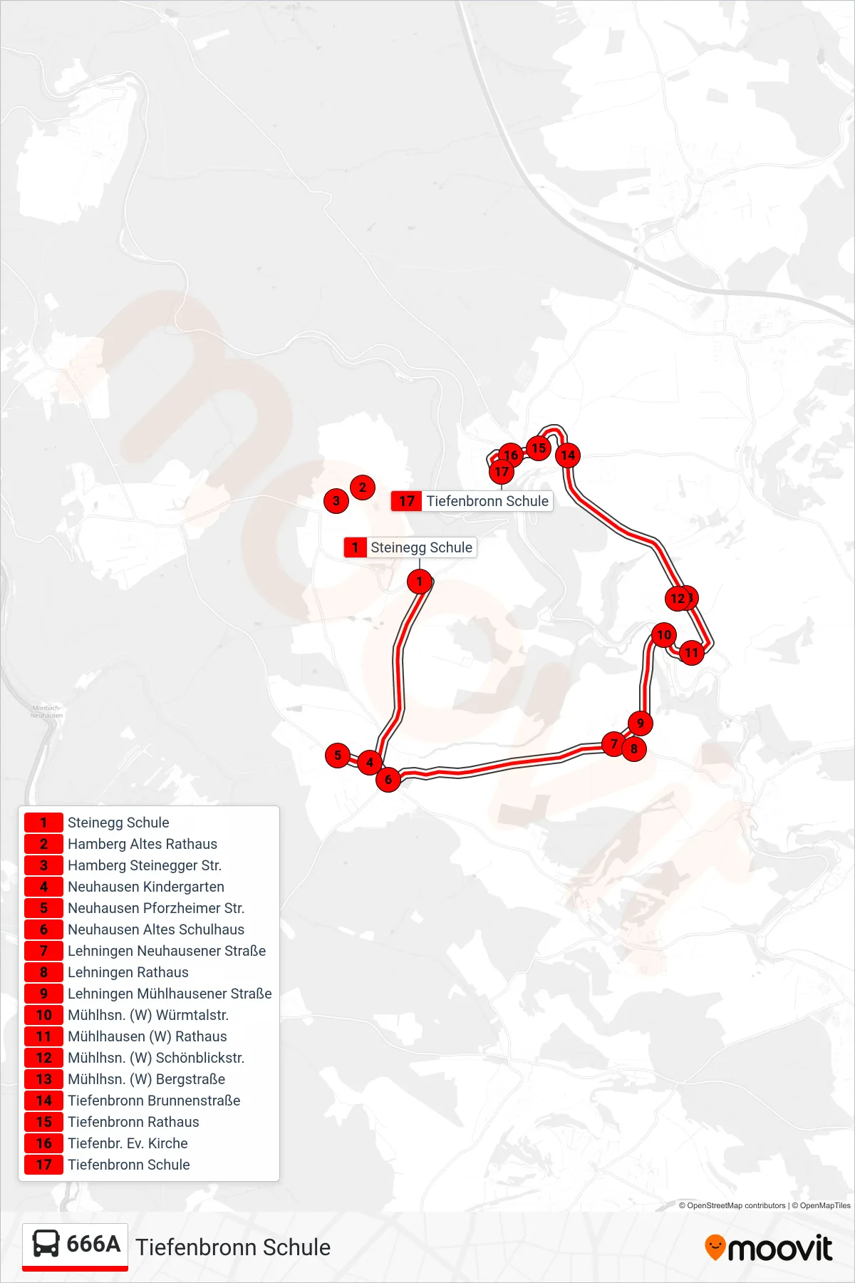 666A bus Line (Tiefenbronn Schule) route and stops on a map