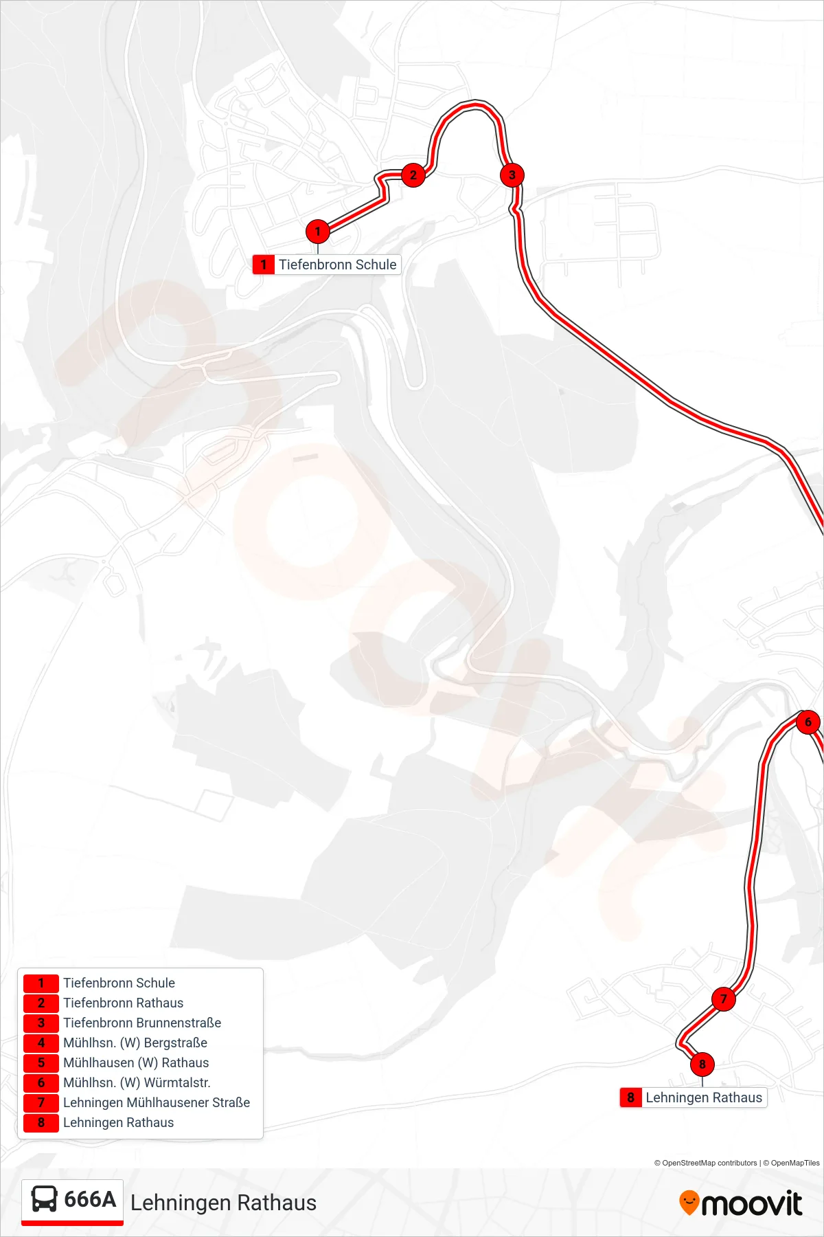 666A bus Line (Lehningen Rathaus) route and stops on a map