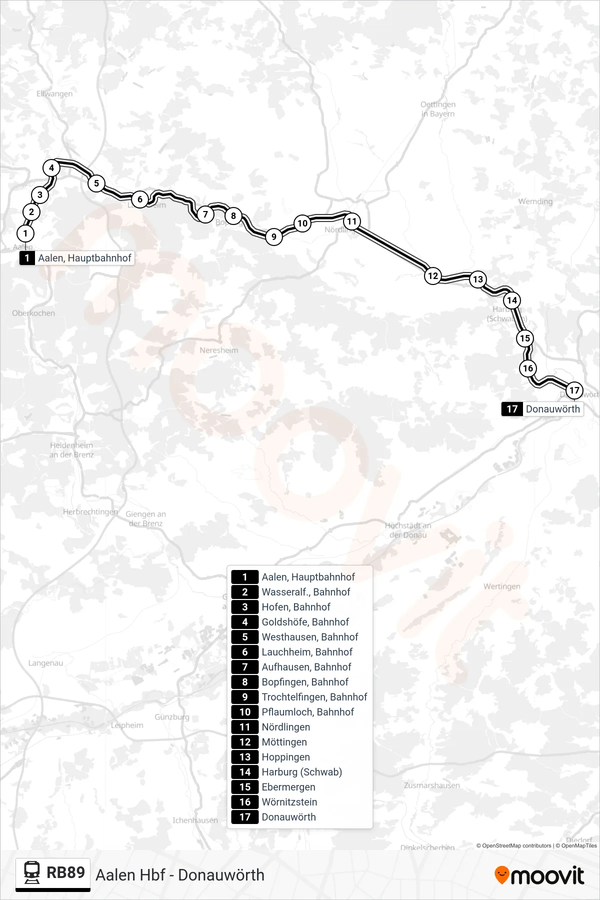 RB89 train Line (Donauwörth) route and stops on a map