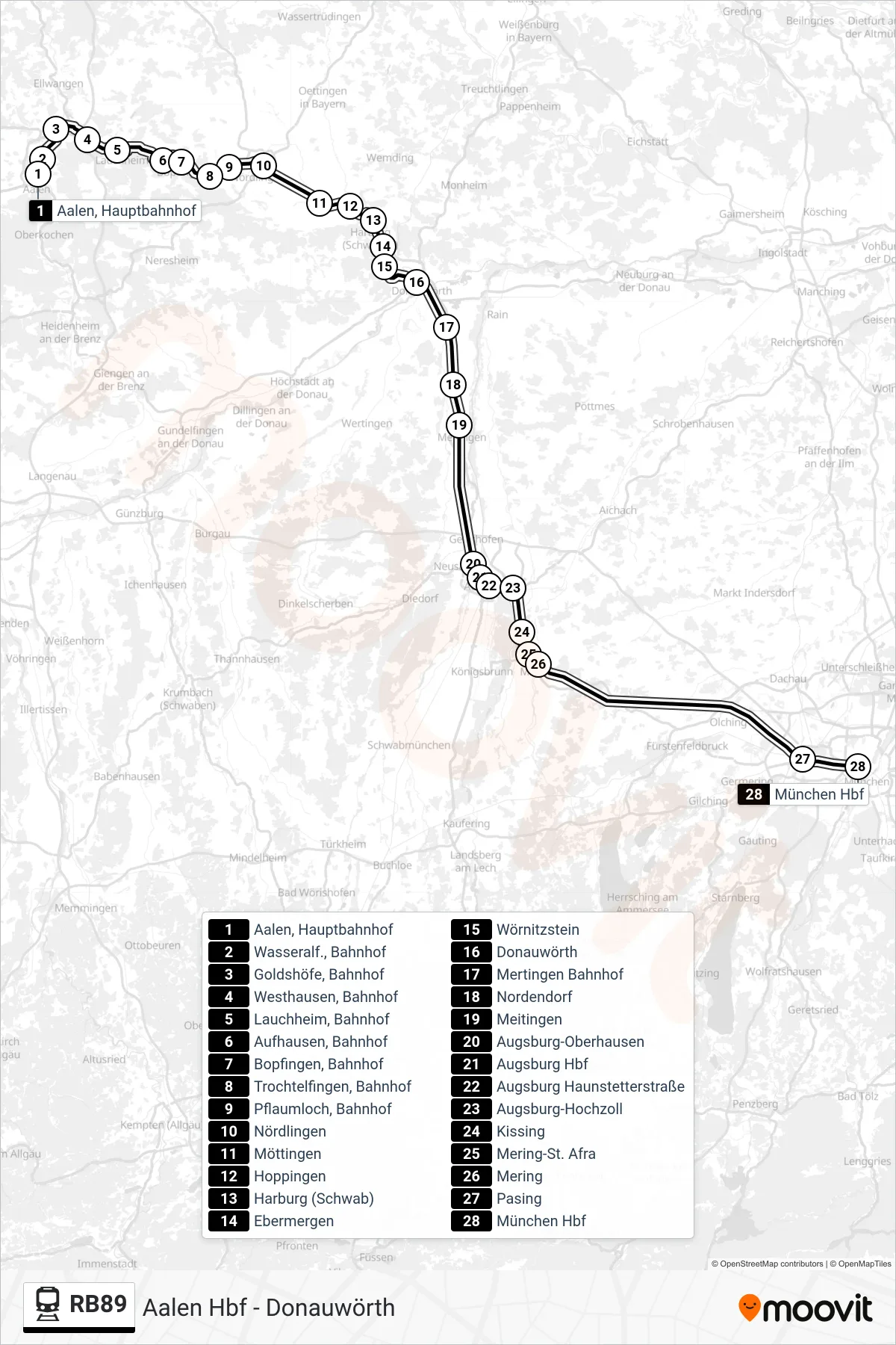 Linie RB89 (Bahn) Richtung München Hbf: Route und Haltestellen auf der Karte