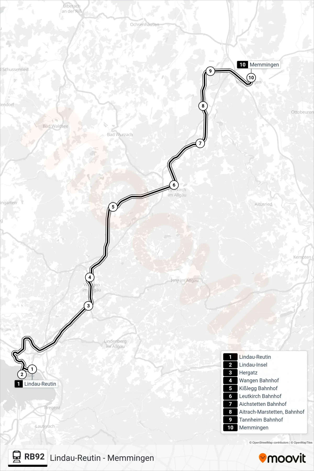 Linie RB92 (Bahn) Richtung Memmingen: Route und Haltestellen auf der Karte
