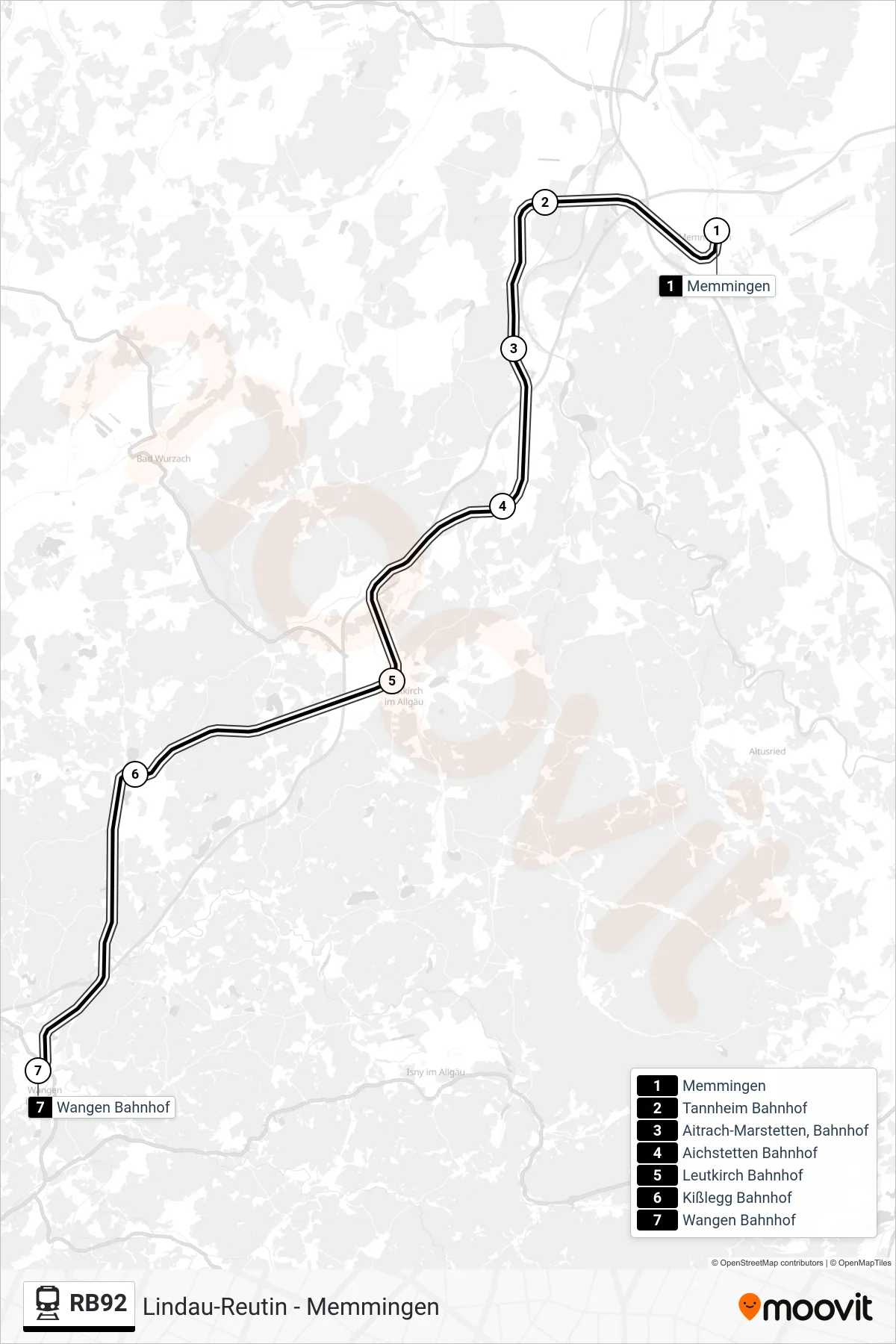Linie RB92 (Bahn) Richtung Wangen(Allgäu): Route und Haltestellen auf der Karte