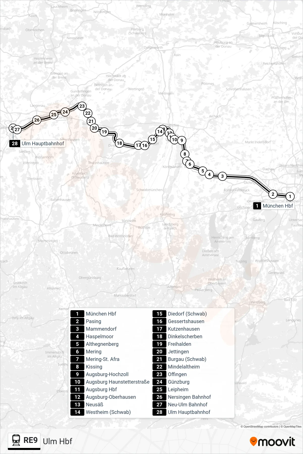RE9 train Line (Ulm Hbf) route and stops on a map