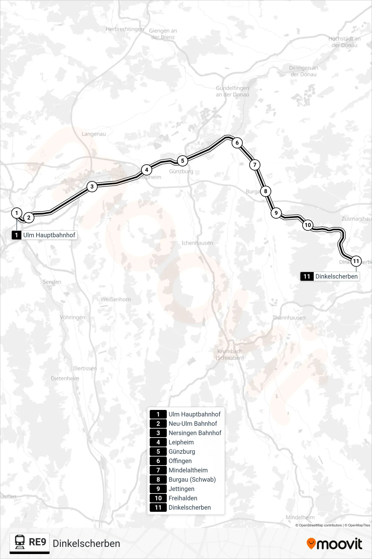 Linie RE9 (Bahn) Richtung Dinkelscherben: Route und Haltestellen auf der Karte