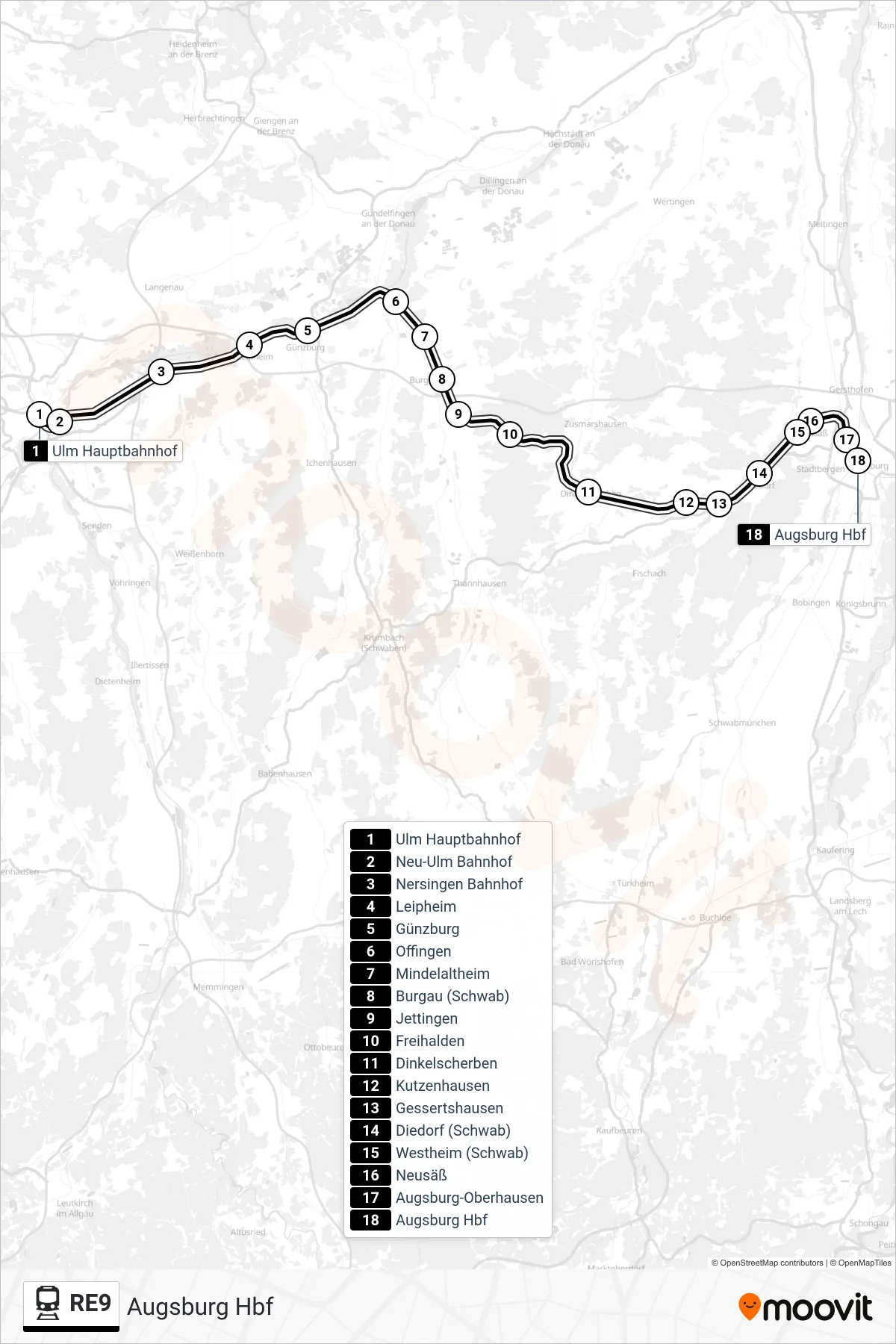 RE9 train Line (Augsburg Hbf) route and stops on a map