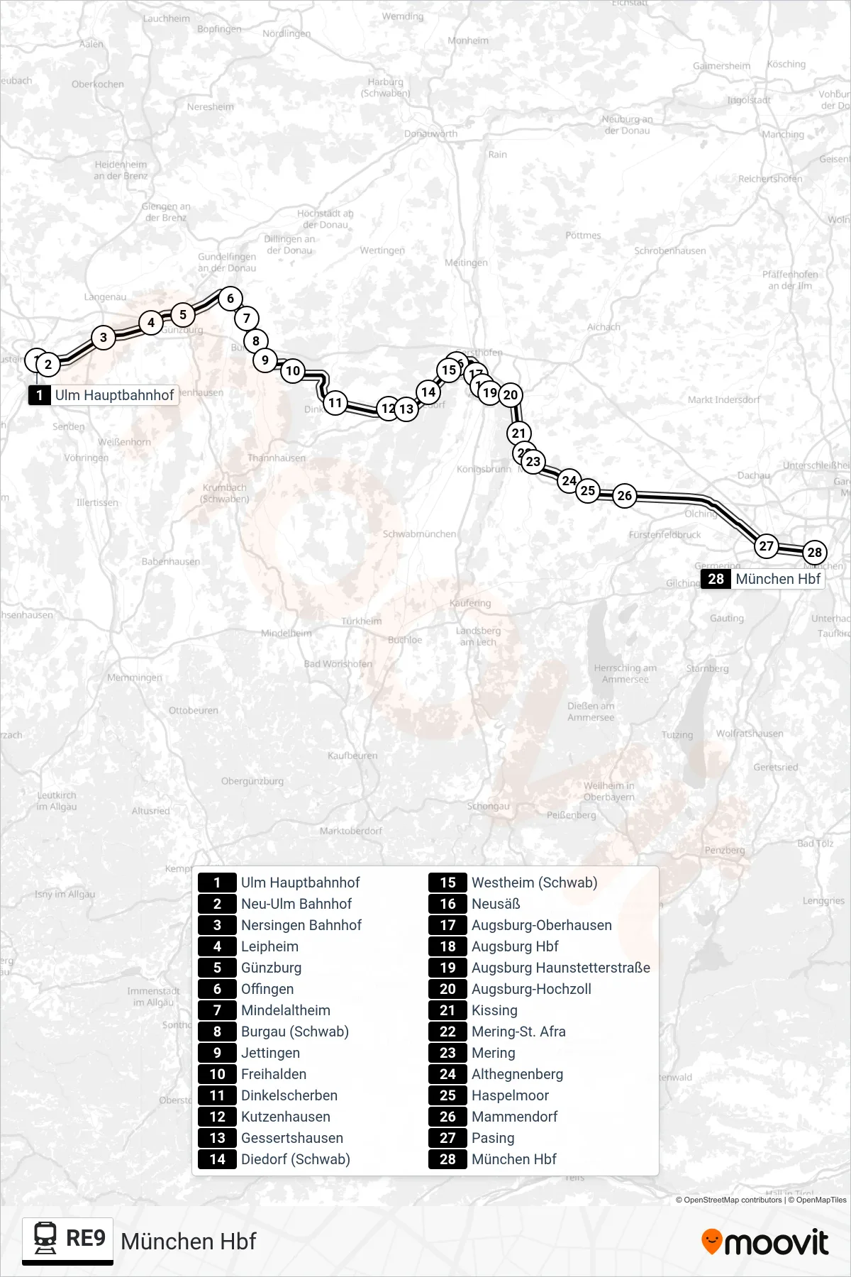RE9 train Line (München Hbf) route and stops on a map