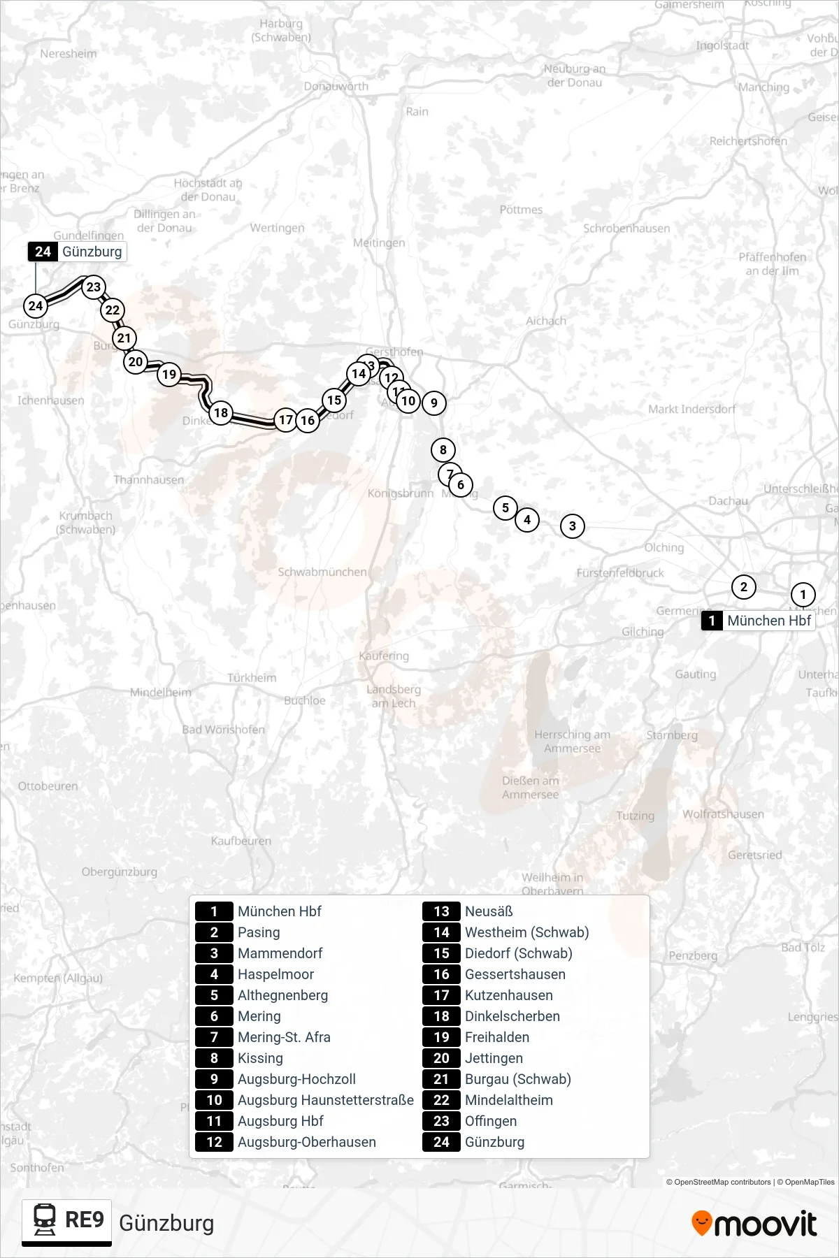Linie RE9 (Bahn) Richtung Günzburg: Route und Haltestellen auf der Karte