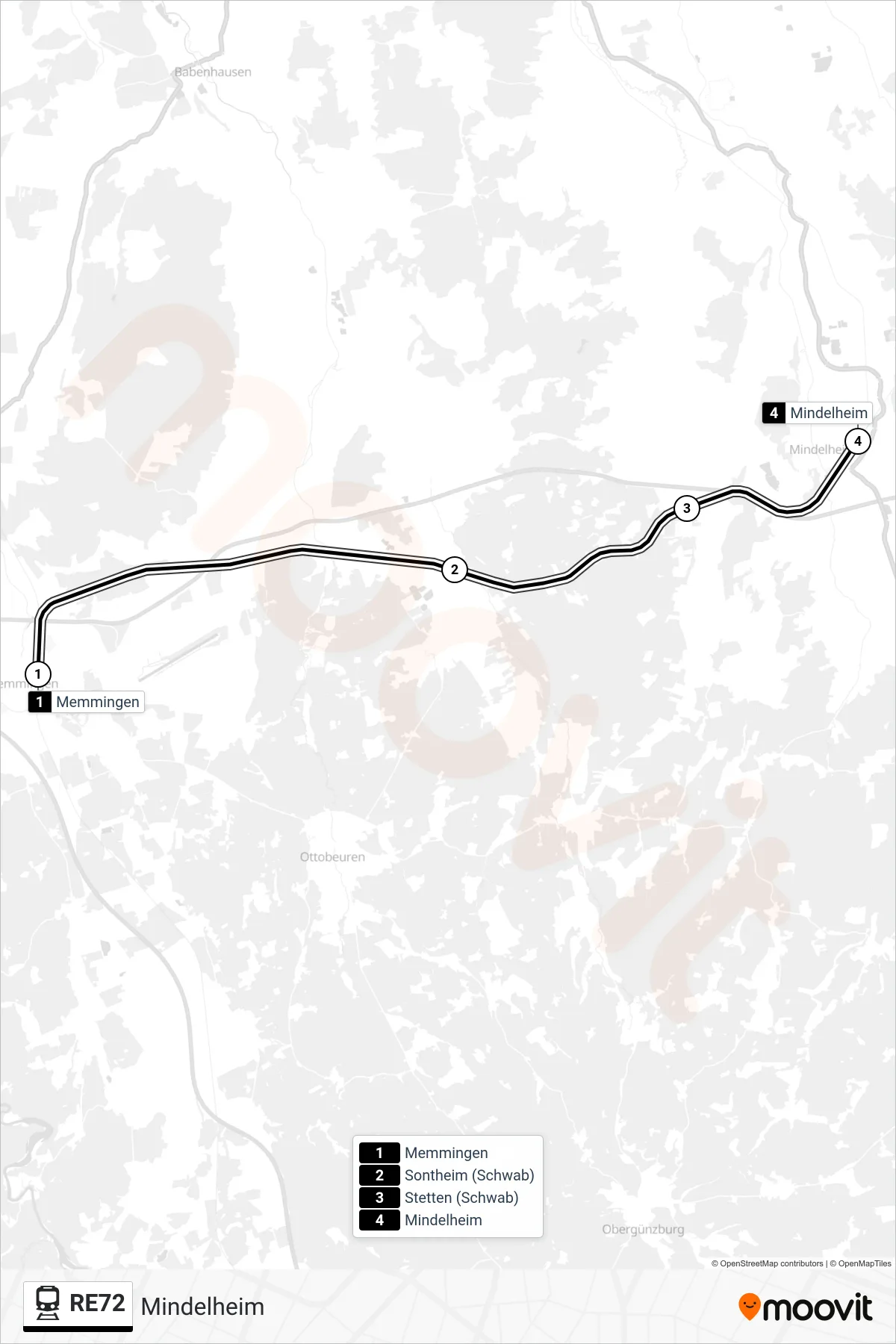RE72 train Line (Mindelheim) route and stops on a map