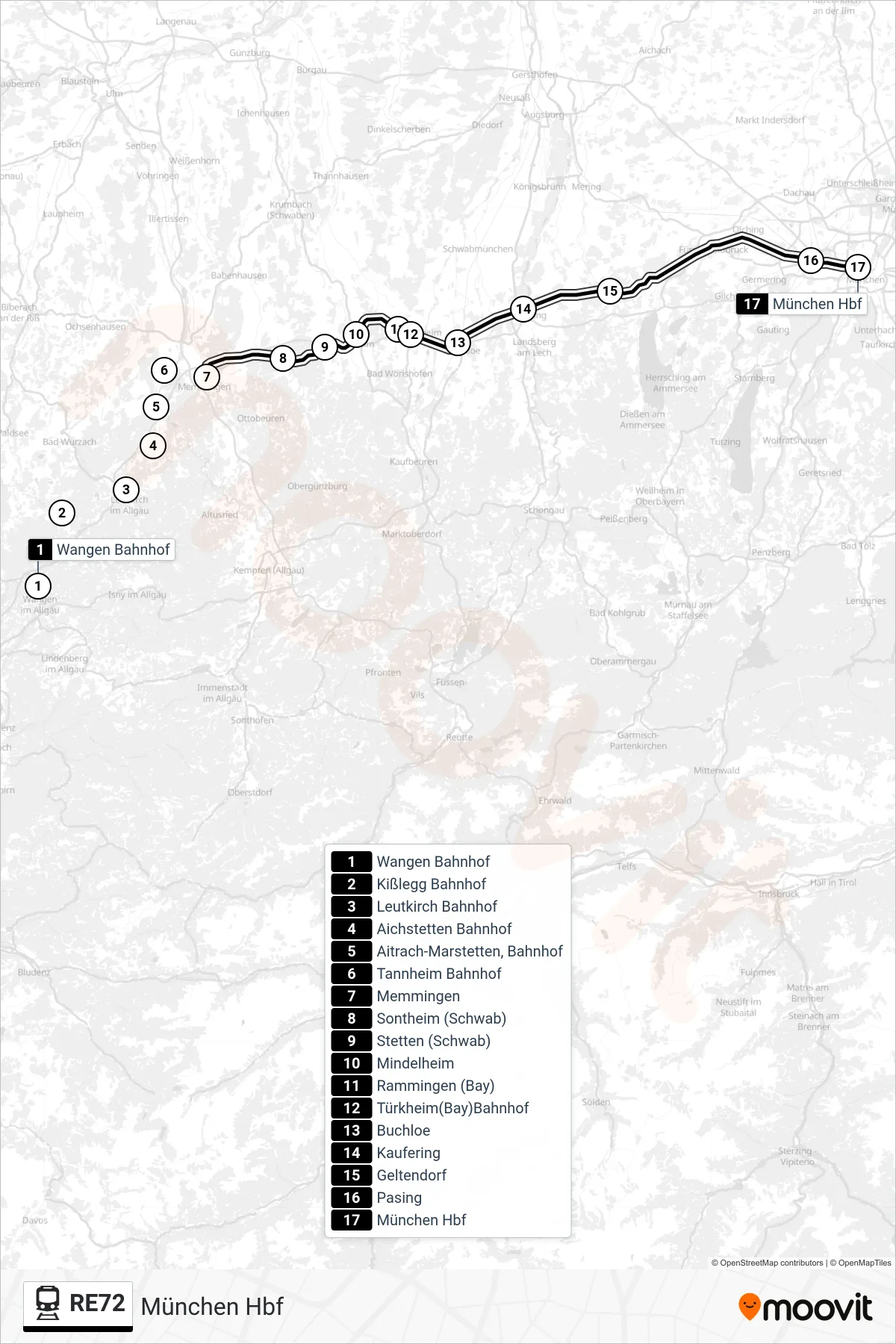 Linie RE72 (Bahn) Richtung München Hbf: Route und Haltestellen auf der Karte