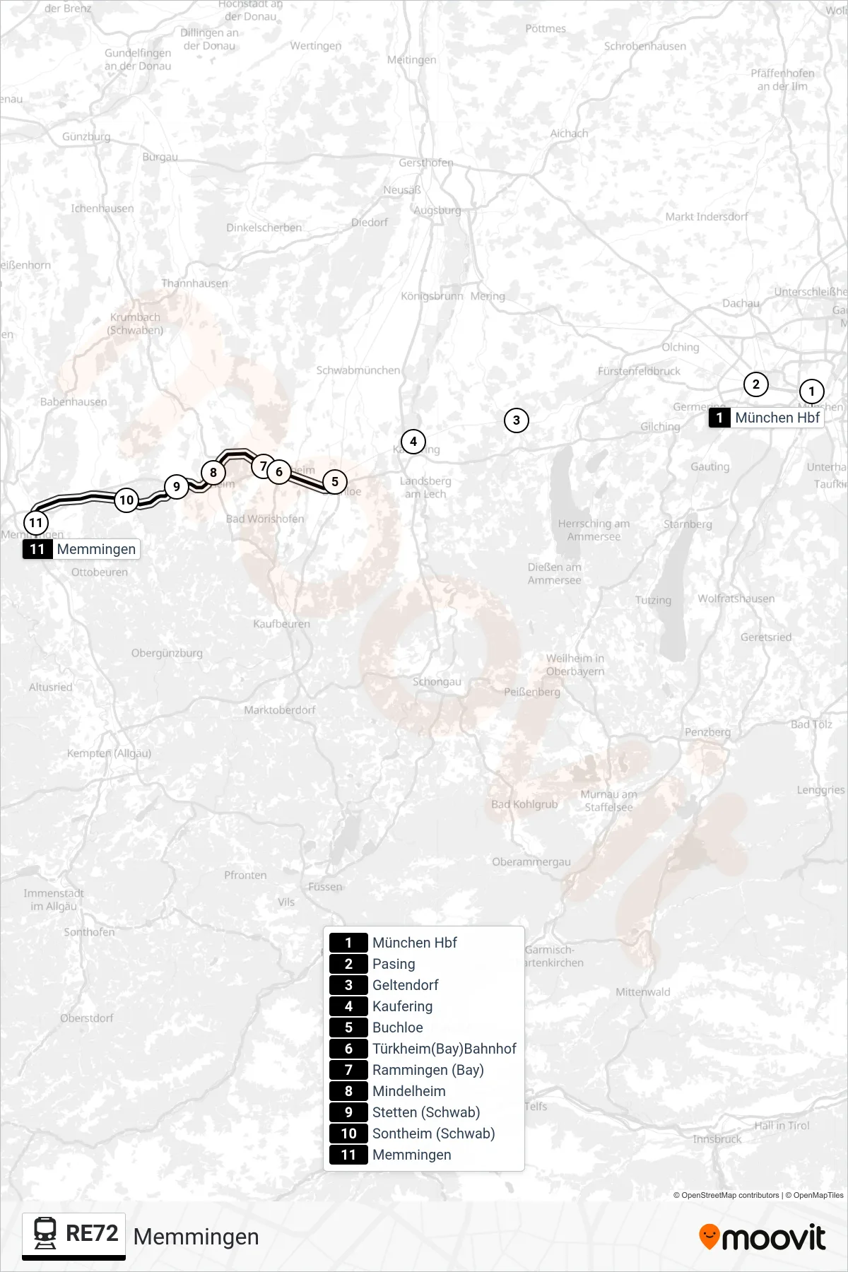 RE72 rail Line (Memmingen) route and stops on a map