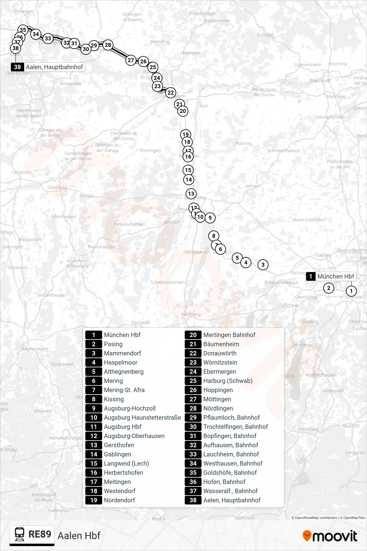 Linie RE89 (Bahn) Richtung Aalen Hbf: Route und Haltestellen auf der Karte