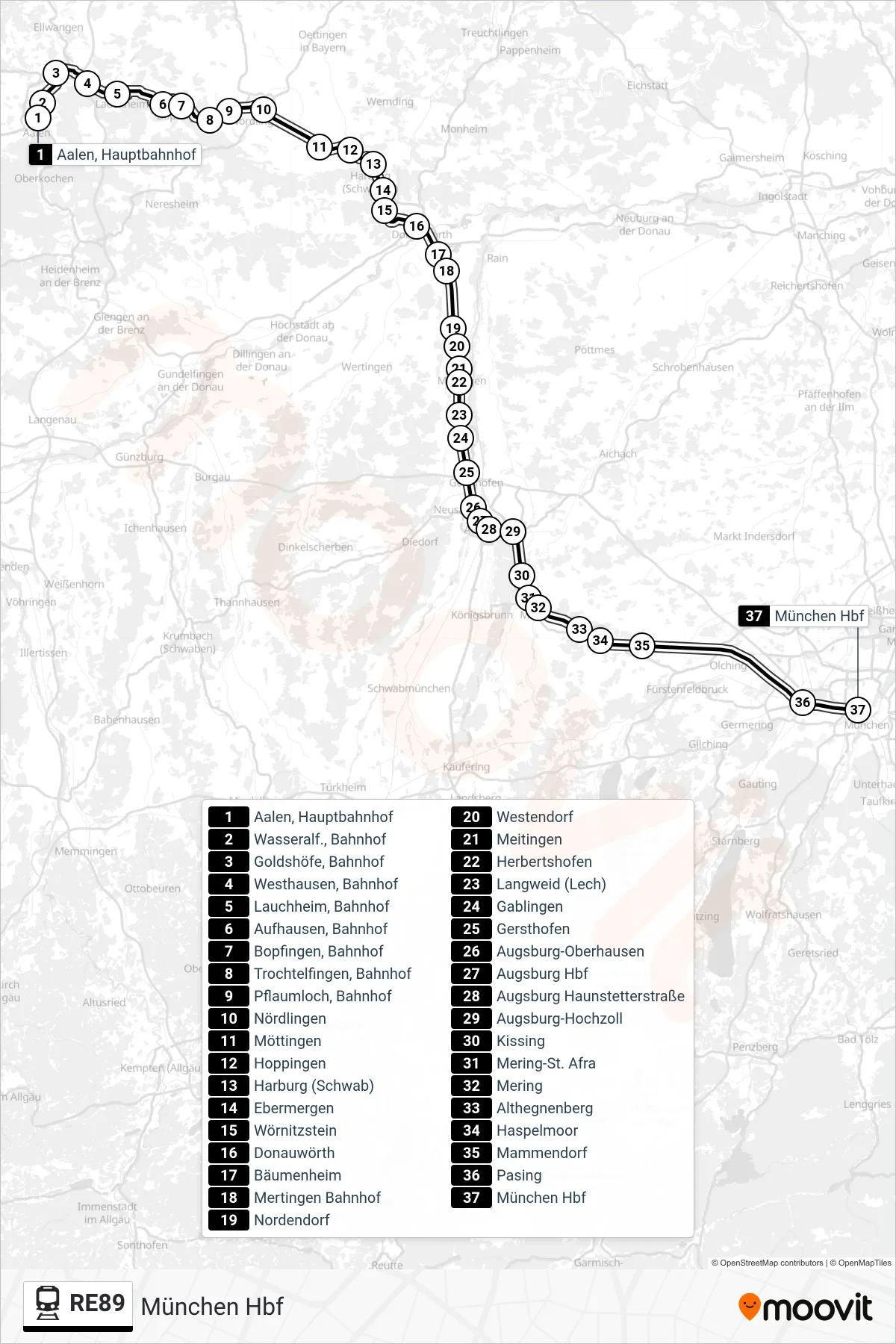 RE89 train Line (München Hbf) route and stops on a map