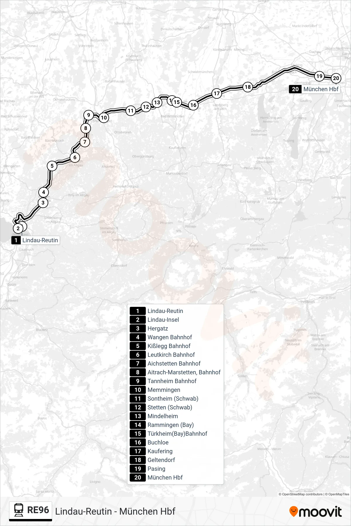 Linie RE96 (Bahn) Richtung München Hbf: Route und Haltestellen auf der Karte