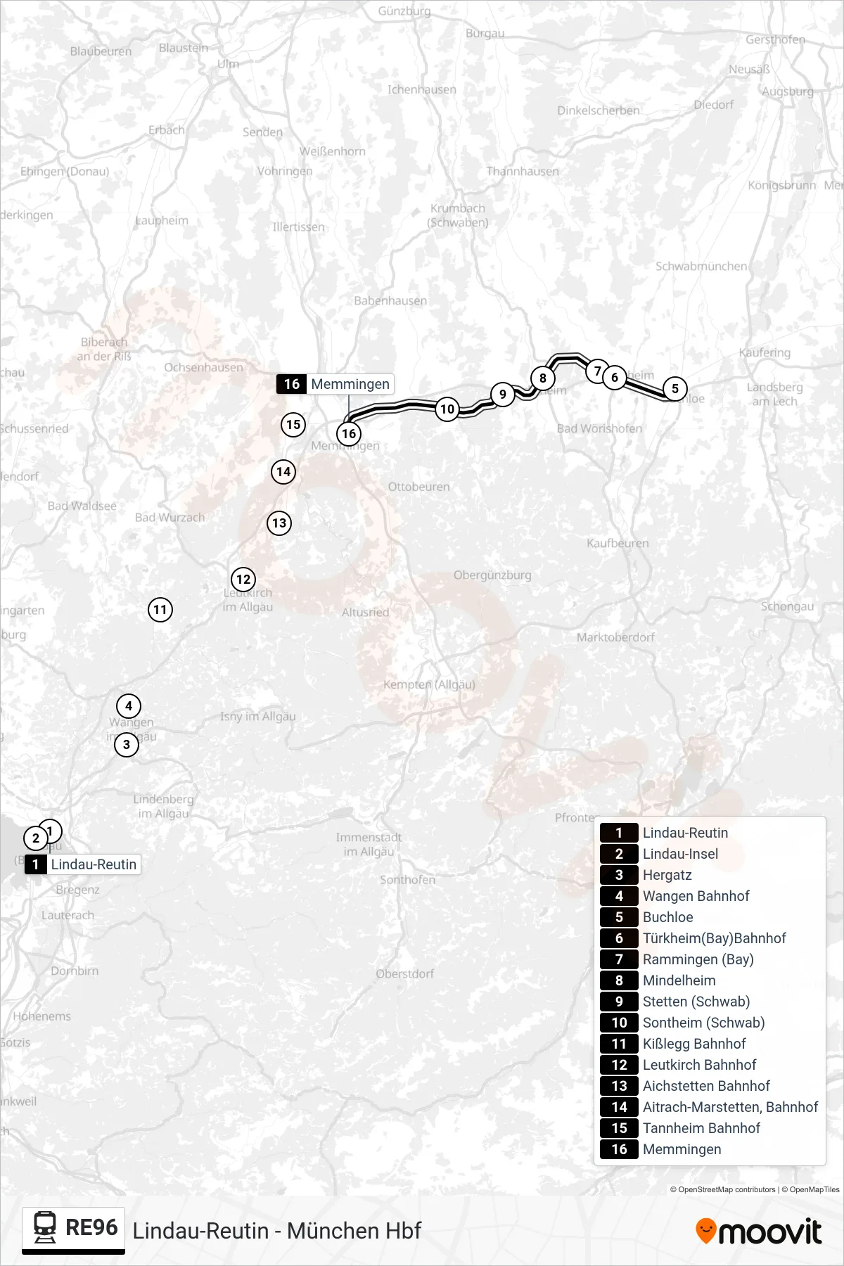 RE96 train Line (Memmingen) route and stops on a map