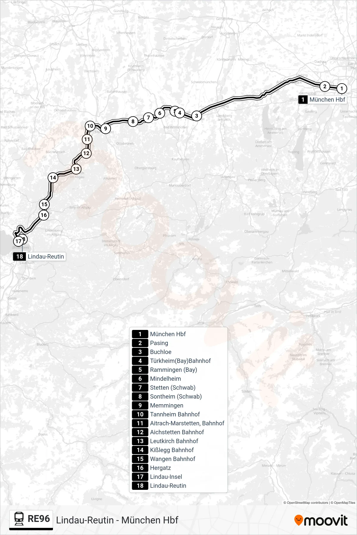 RE96 train Line (Lindau-Reutin) route and stops on a map