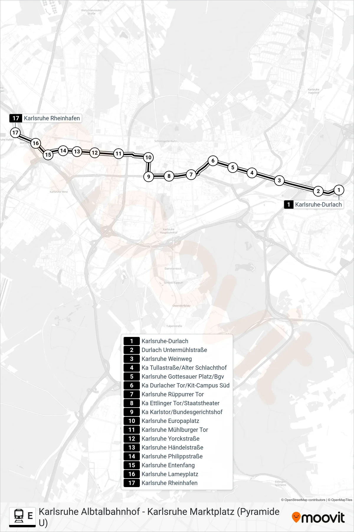 Linie E (Bahn) Richtung Rheinhafen, Karlsruhe: Route und Haltestellen auf der Karte