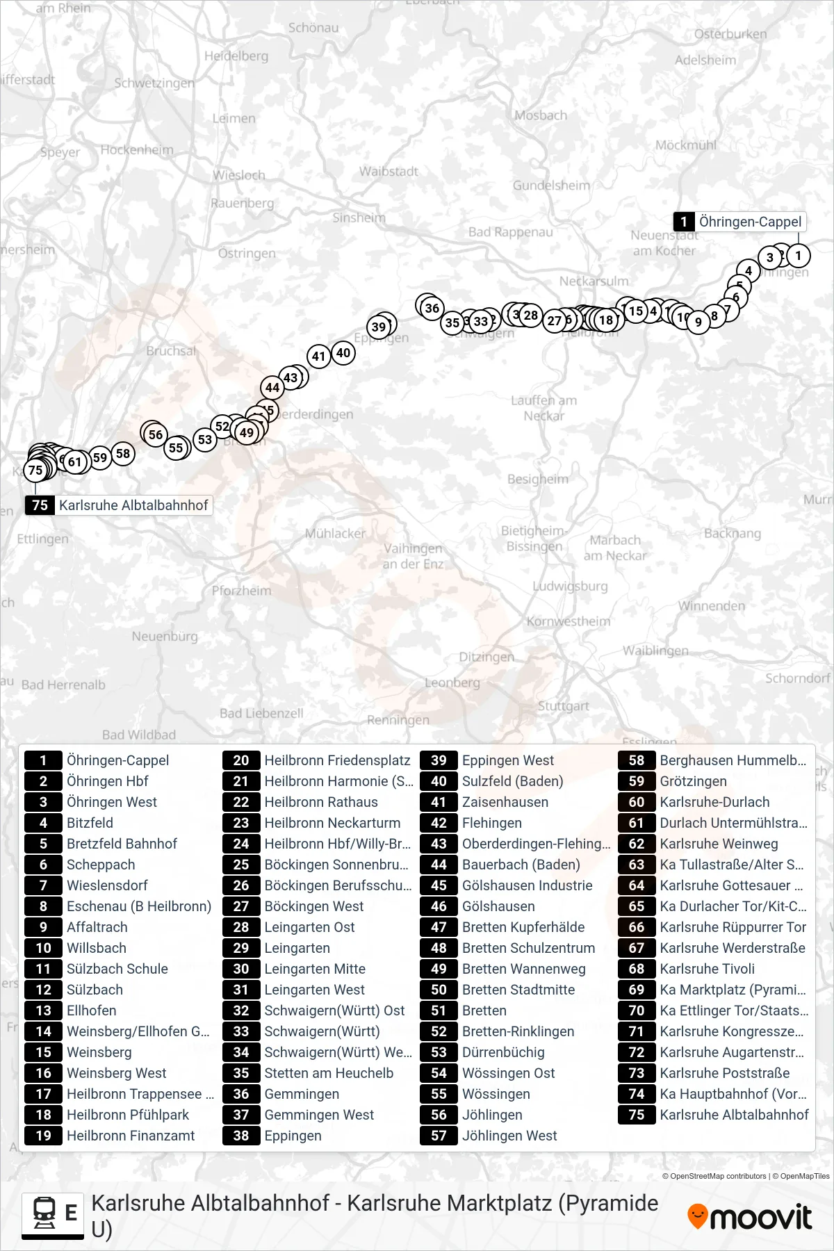 Linie E (Bahn) Richtung Karlsruhe Albtalbahnhof: Route und Haltestellen auf der Karte