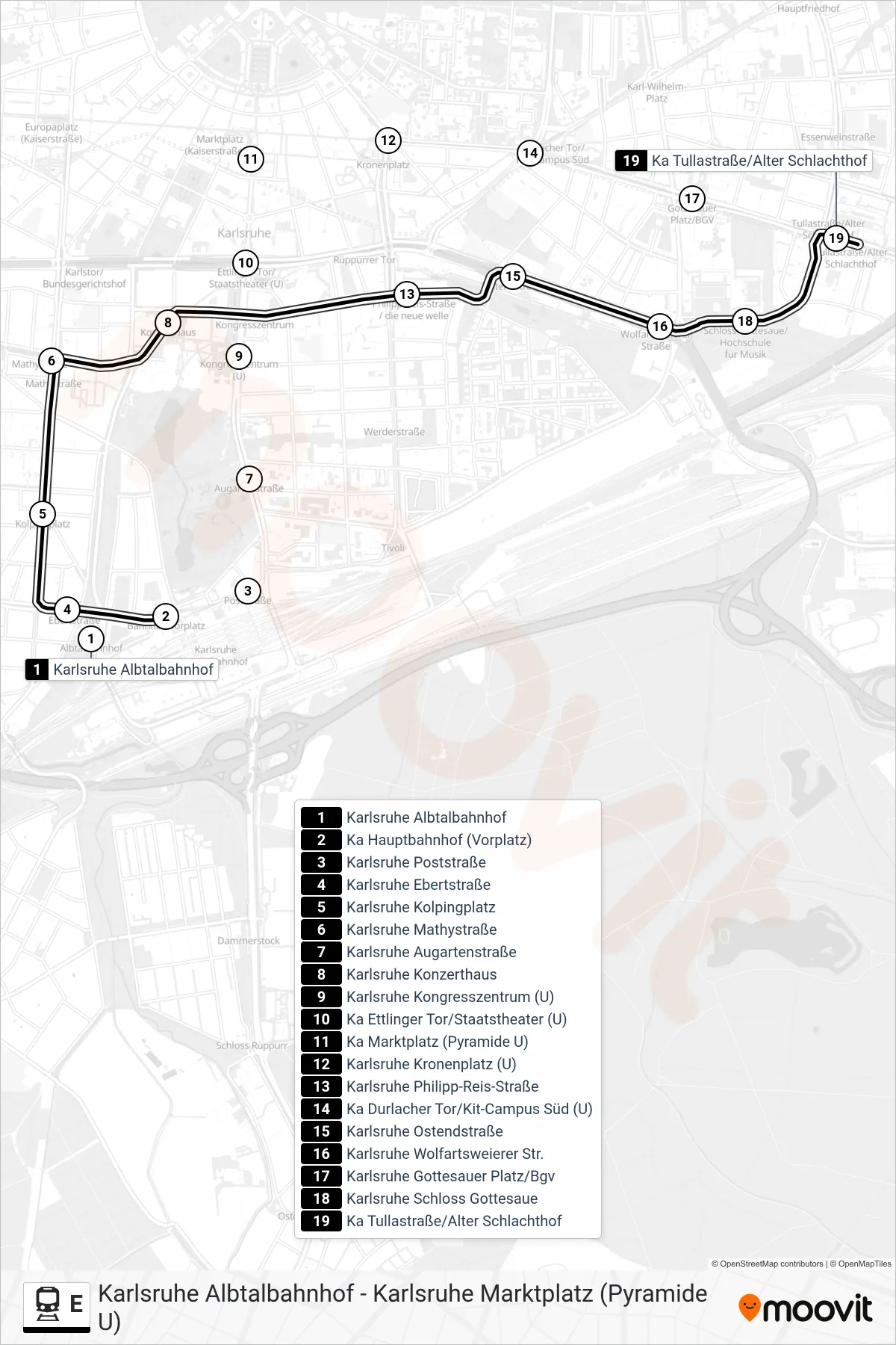 Linie E (Bahn) Richtung Tullastraße/Alter Schlachthof, Karlsruhe: Route und Haltestellen auf der Karte