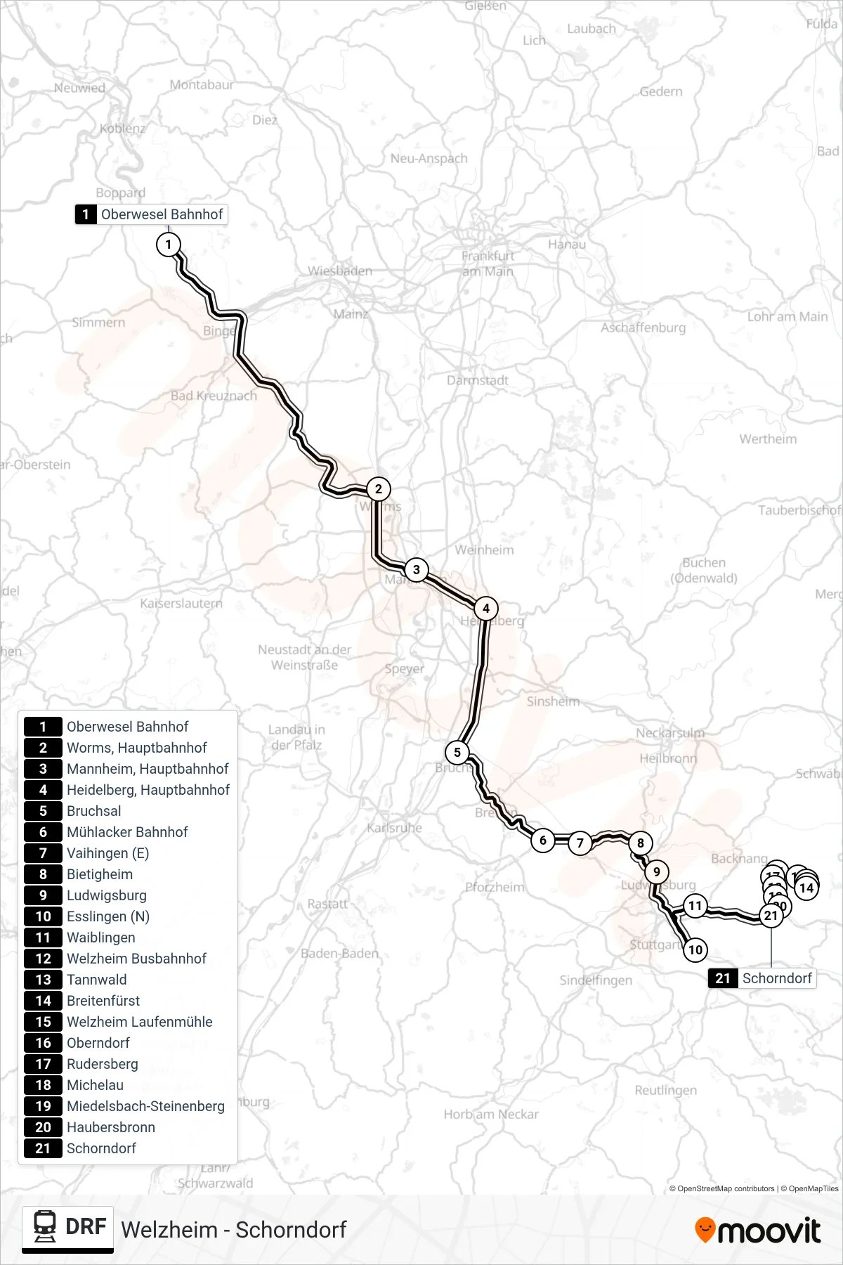Linie DRF (Bahn) Richtung Schorndorf: Route und Haltestellen auf der Karte