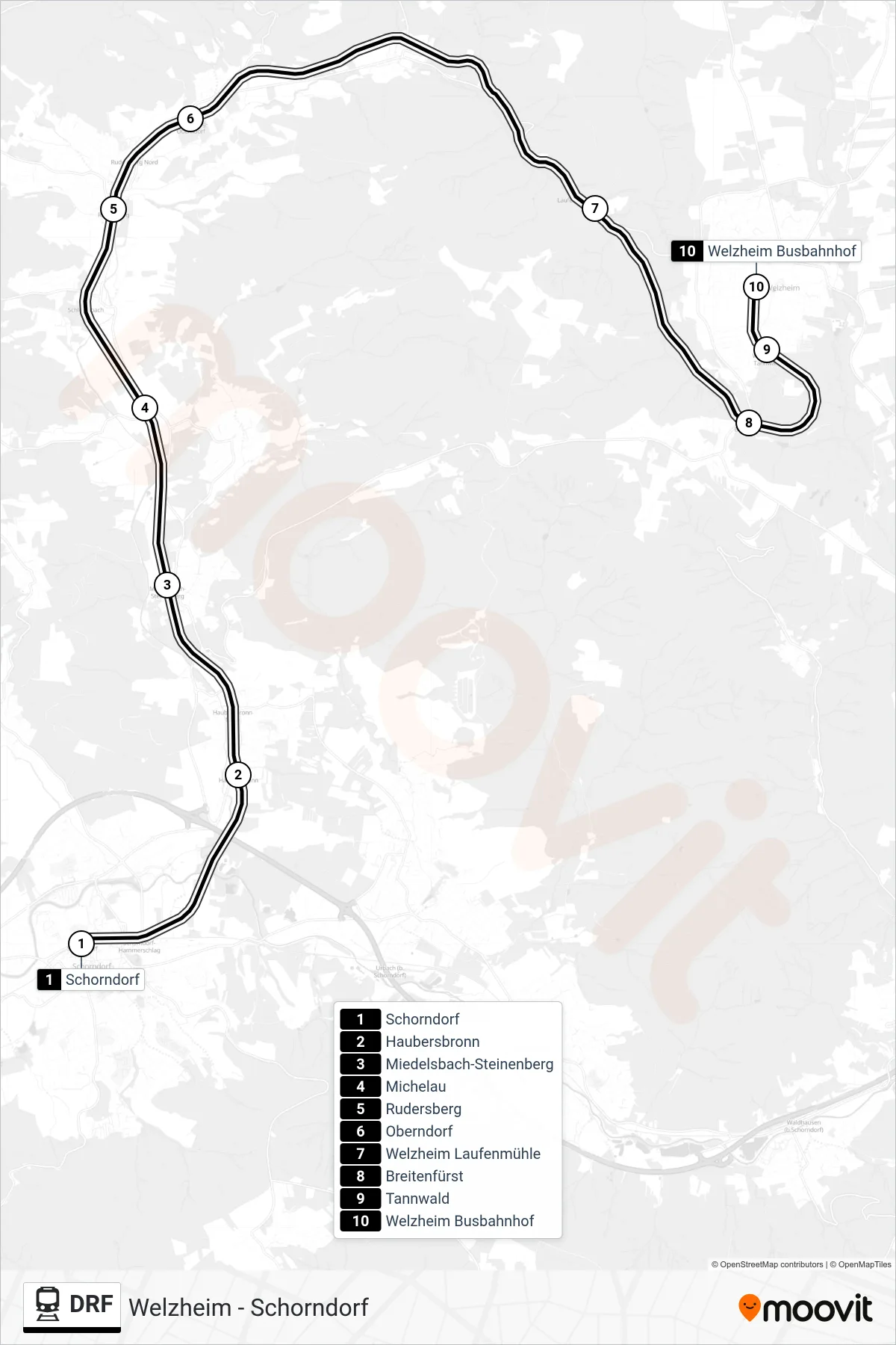 DRF train Line (Welzheim) route and stops on a map