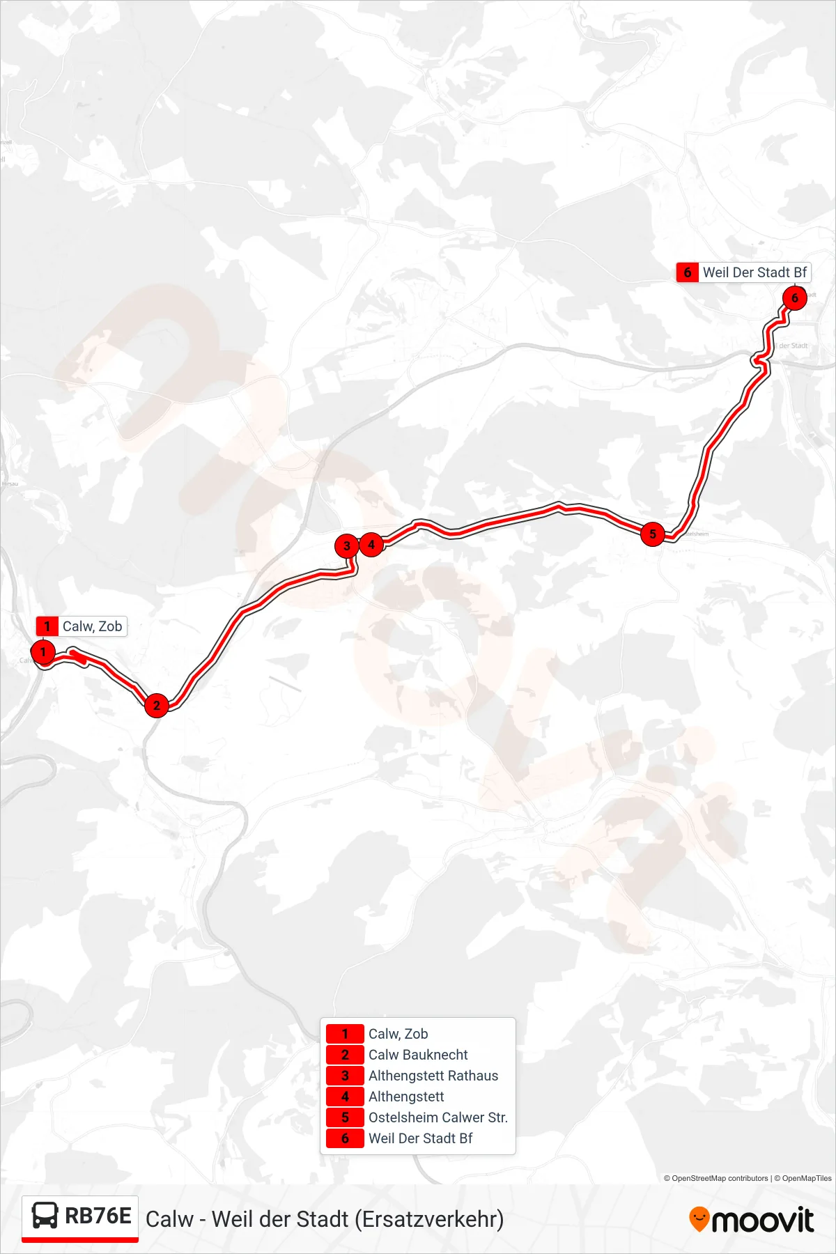 RB76E bus Line (Weil Der Stadt) route and stops on a map
