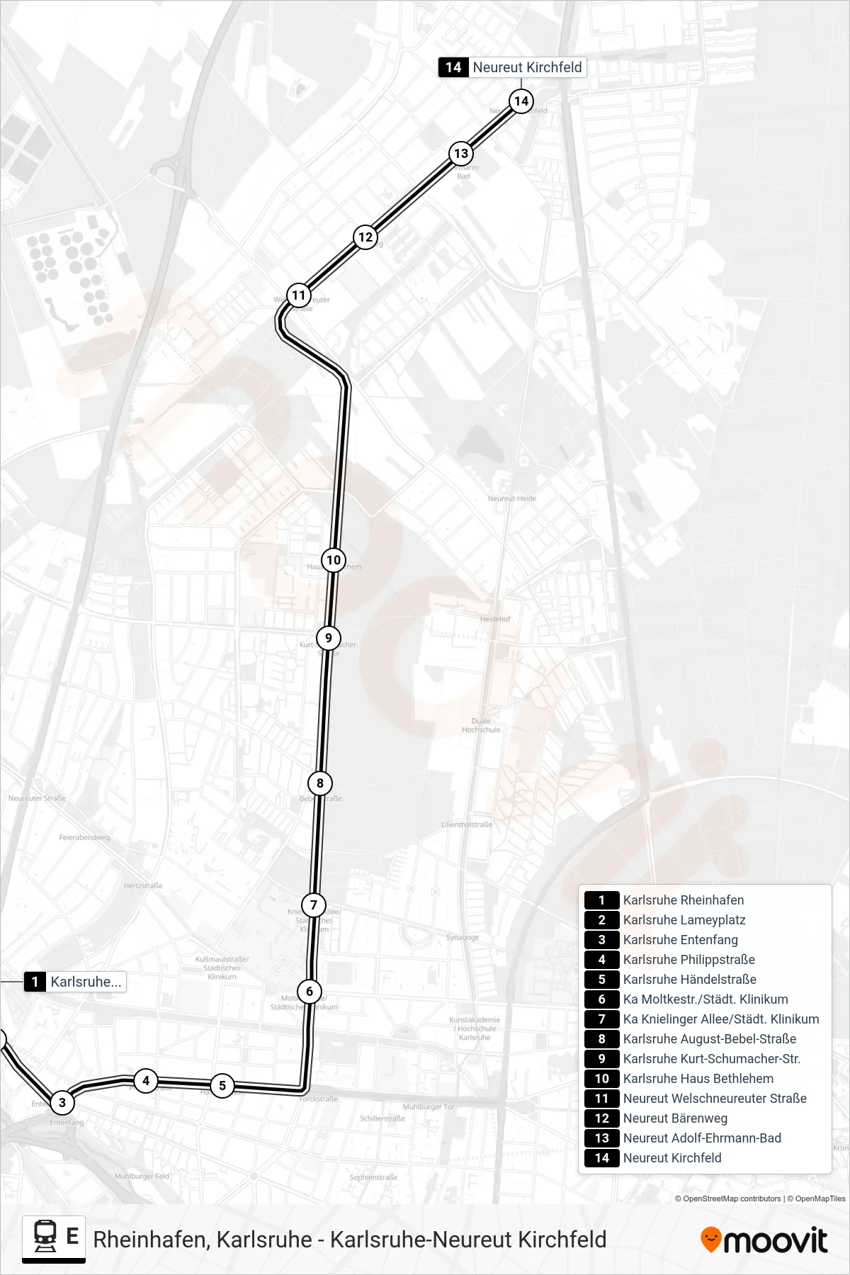 Linie E (Bahn) Richtung Karlsruhe-Neureut Kirchfeld: Route und Haltestellen auf der Karte