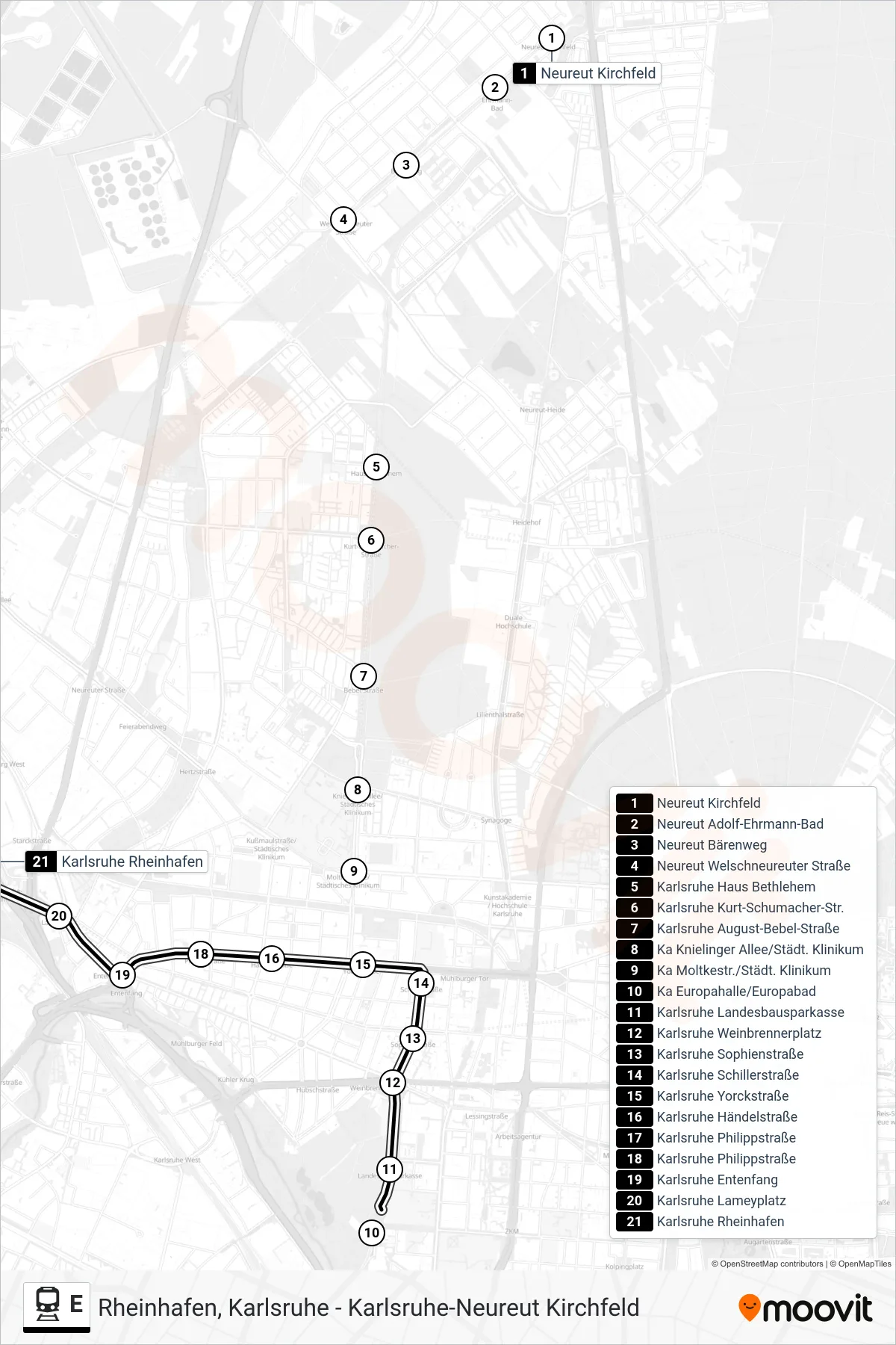 Linie E (Bahn) Richtung Karlsruhe Rheinhafen: Route und Haltestellen auf der Karte