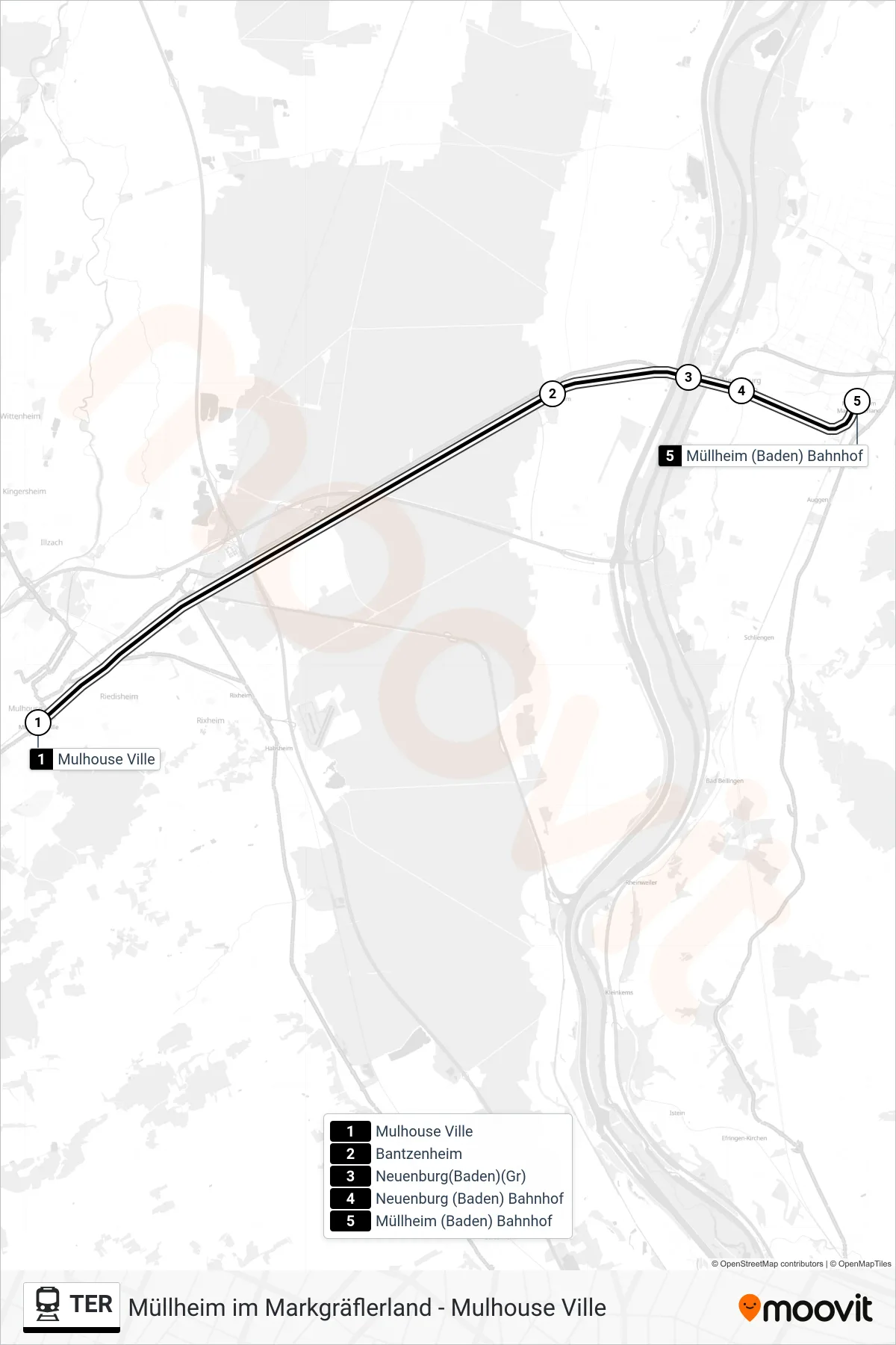Linie TER (Tram) Richtung Müllheim Im Markgräflerland: Route und Haltestellen auf der Karte