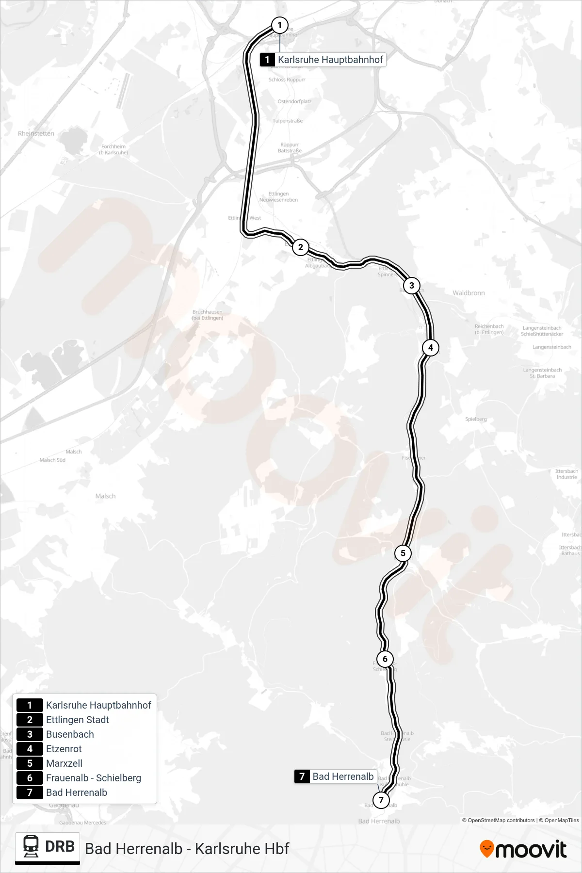 Linie DRB (Bahn) Richtung Bad Herrenalb: Route und Haltestellen auf der Karte