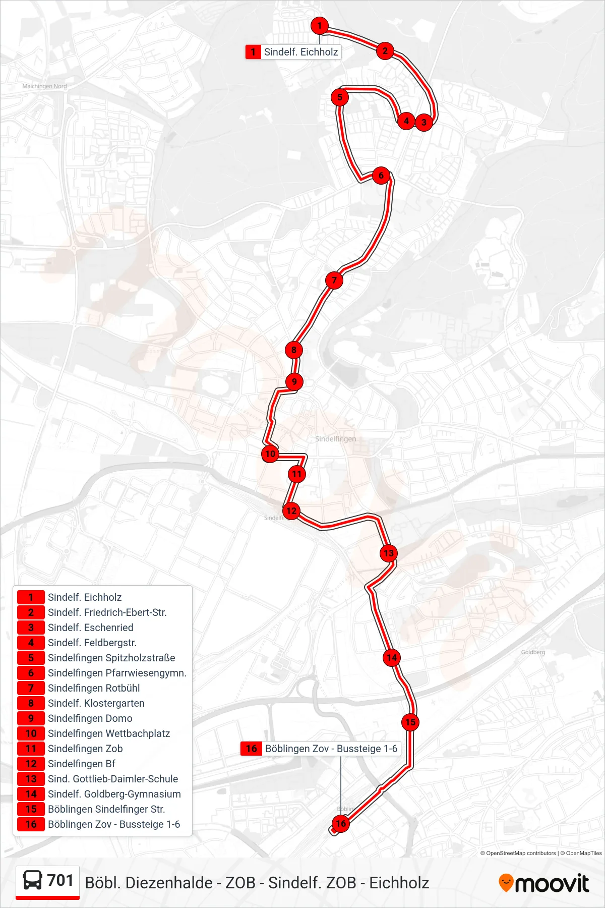 Linie 701 (Bus) Richtung Böblingen Zob: Route und Haltestellen auf der Karte
