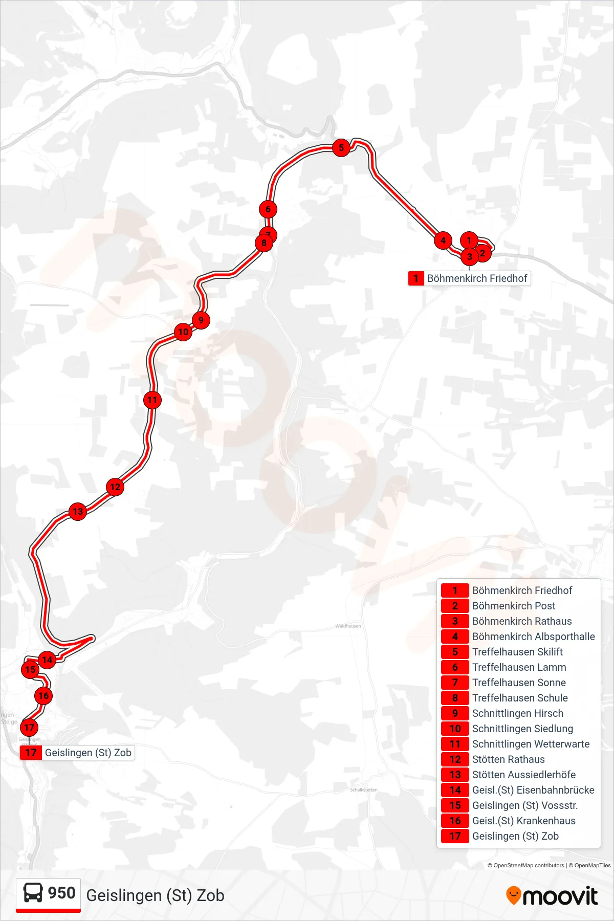 950 bus Line (Geislingen (St) Zob) route and stops on a map