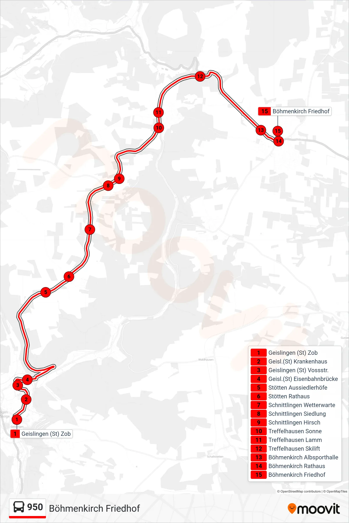 Linie 950 (Bus) Richtung Böhmenkirch Friedhof: Route und Haltestellen auf der Karte