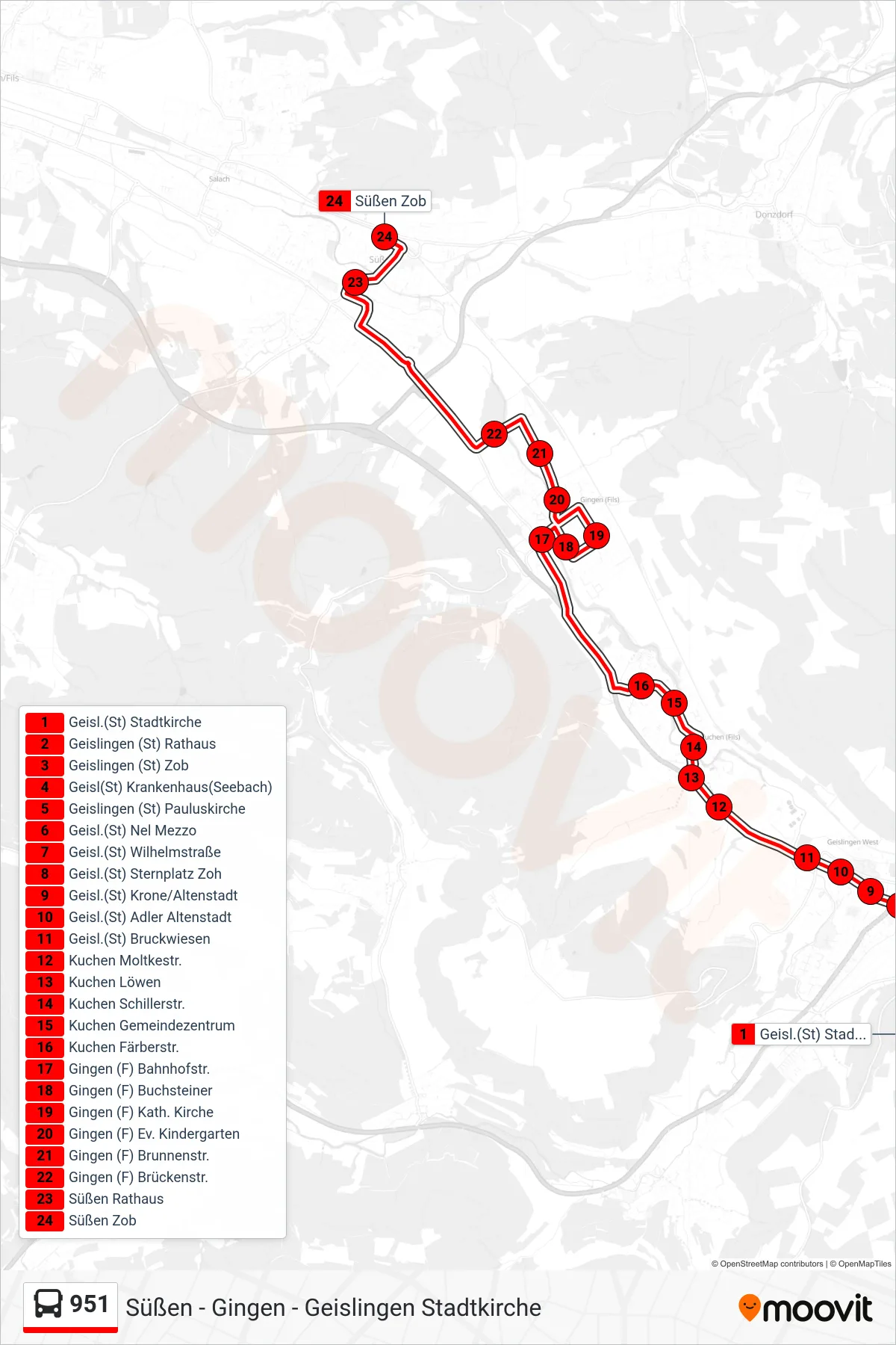 Linie 951 (Bus) Richtung Süßen Zob: Route und Haltestellen auf der Karte