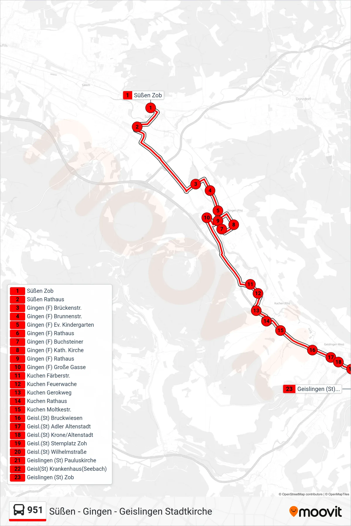 951 bus Line (Geislingen (St) Zob) route and stops on a map