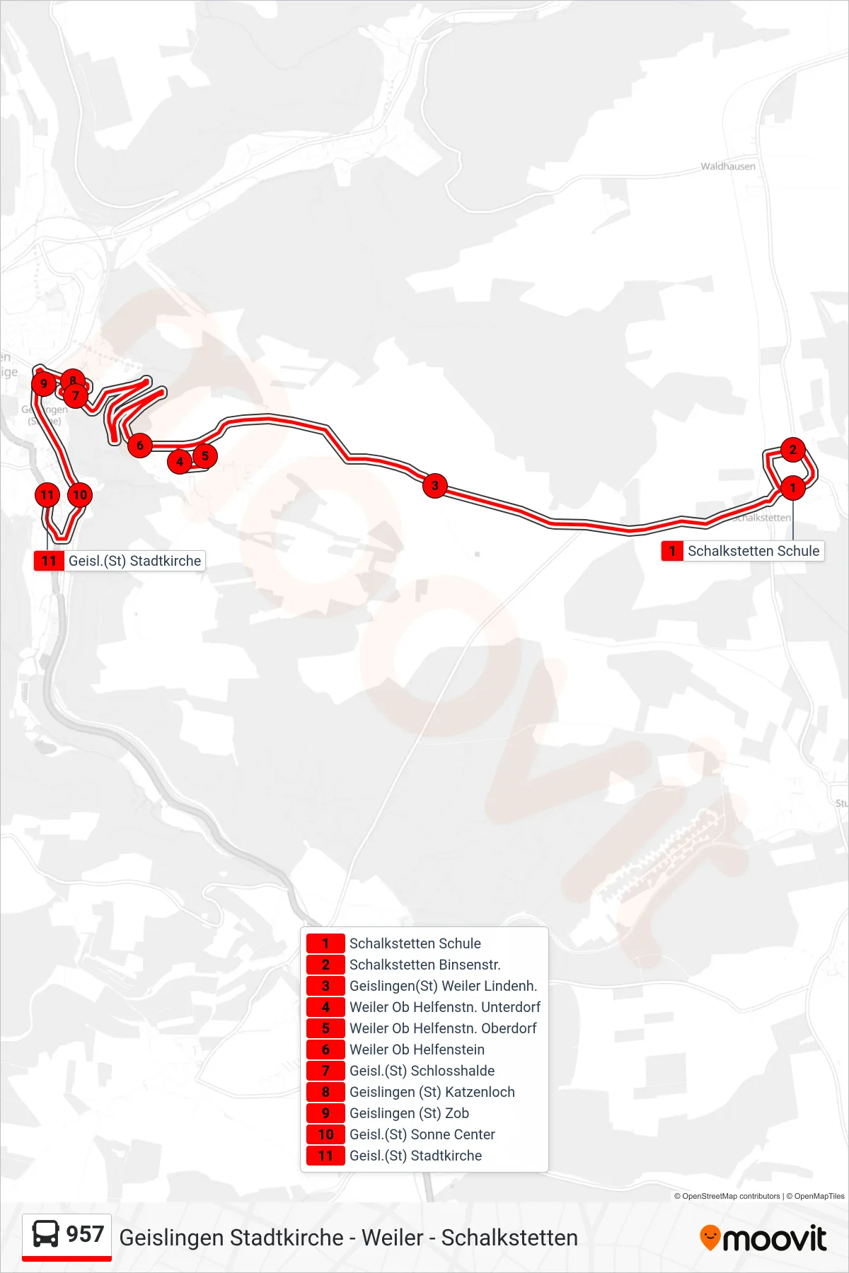 957 bus Line (Geisl.(St) Stadtkirche) route and stops on a map