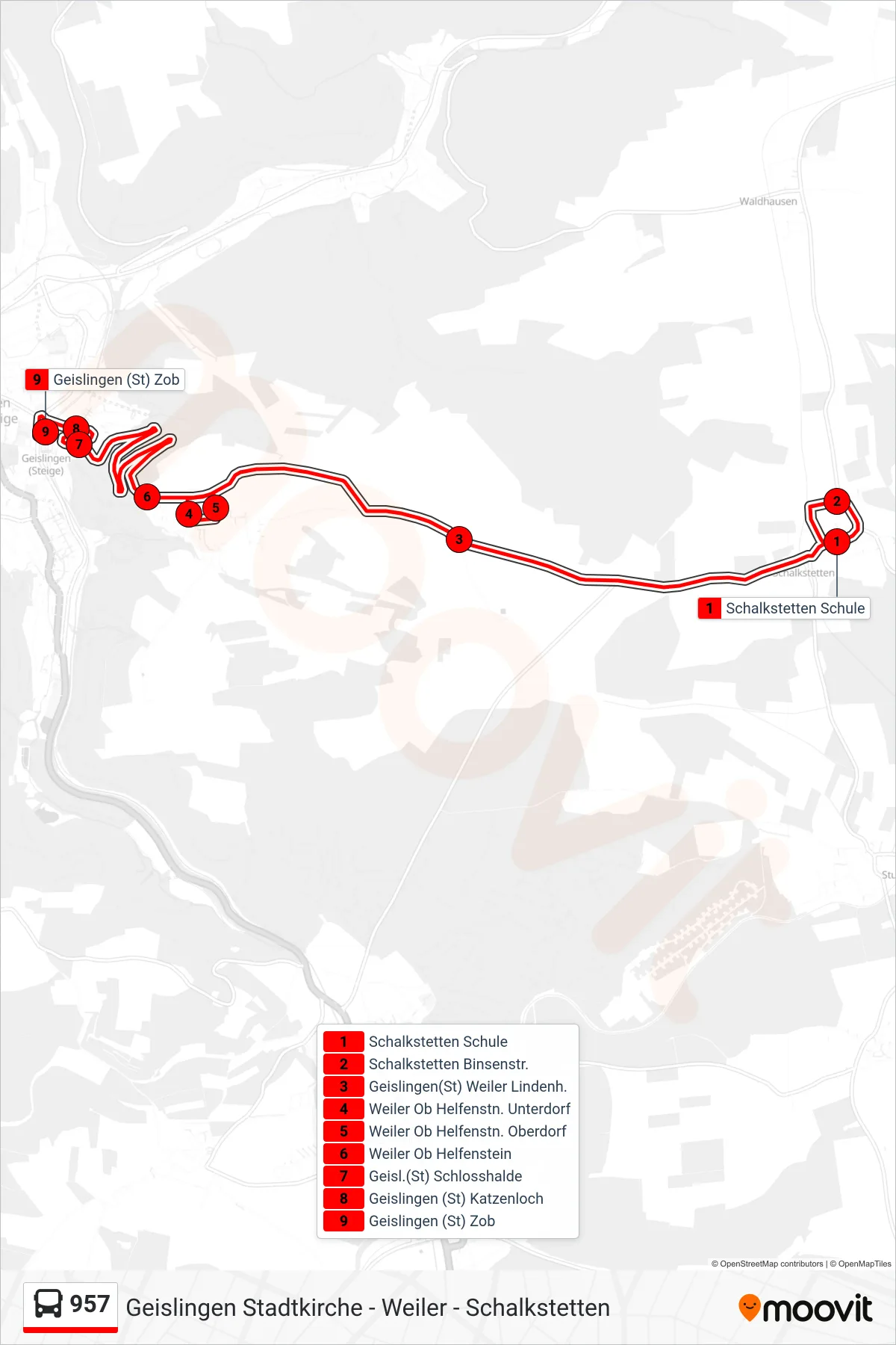 957 bus Line (Geislingen (St) Zob) route and stops on a map
