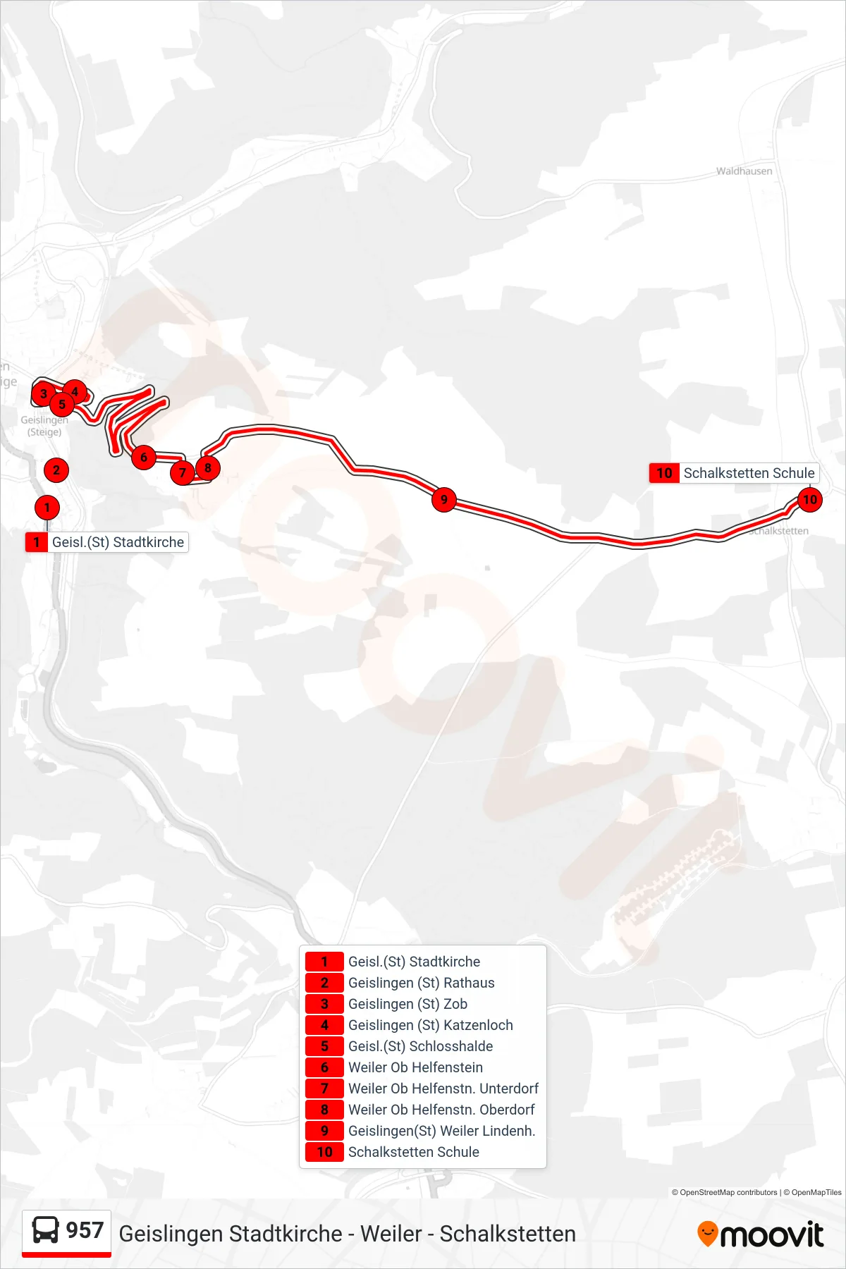 Linie 957 (Bus) Richtung Schalkstetten Schule: Route und Haltestellen auf der Karte