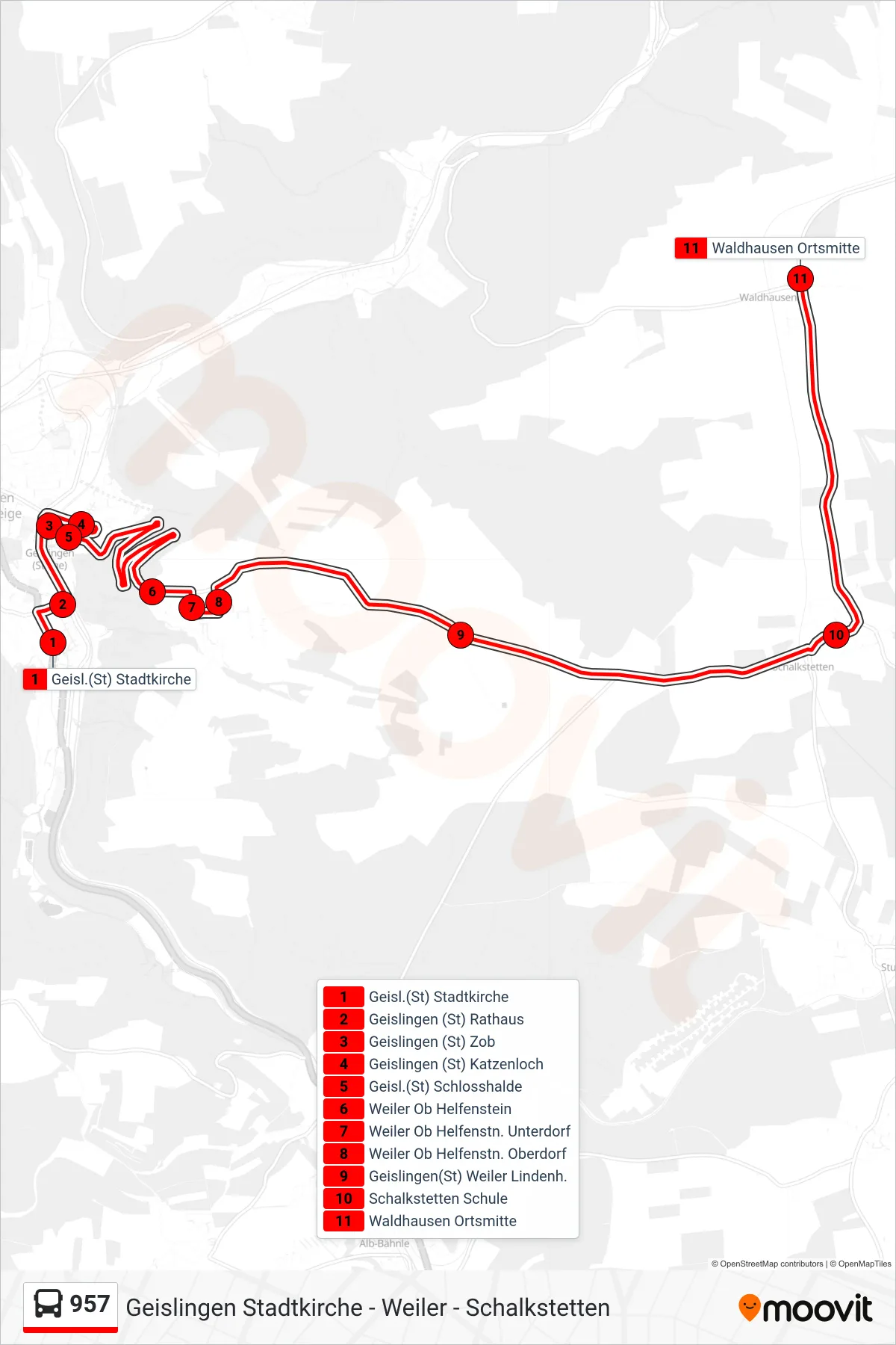 957 bus Line (Waldhausen Ortsmitte) route and stops on a map