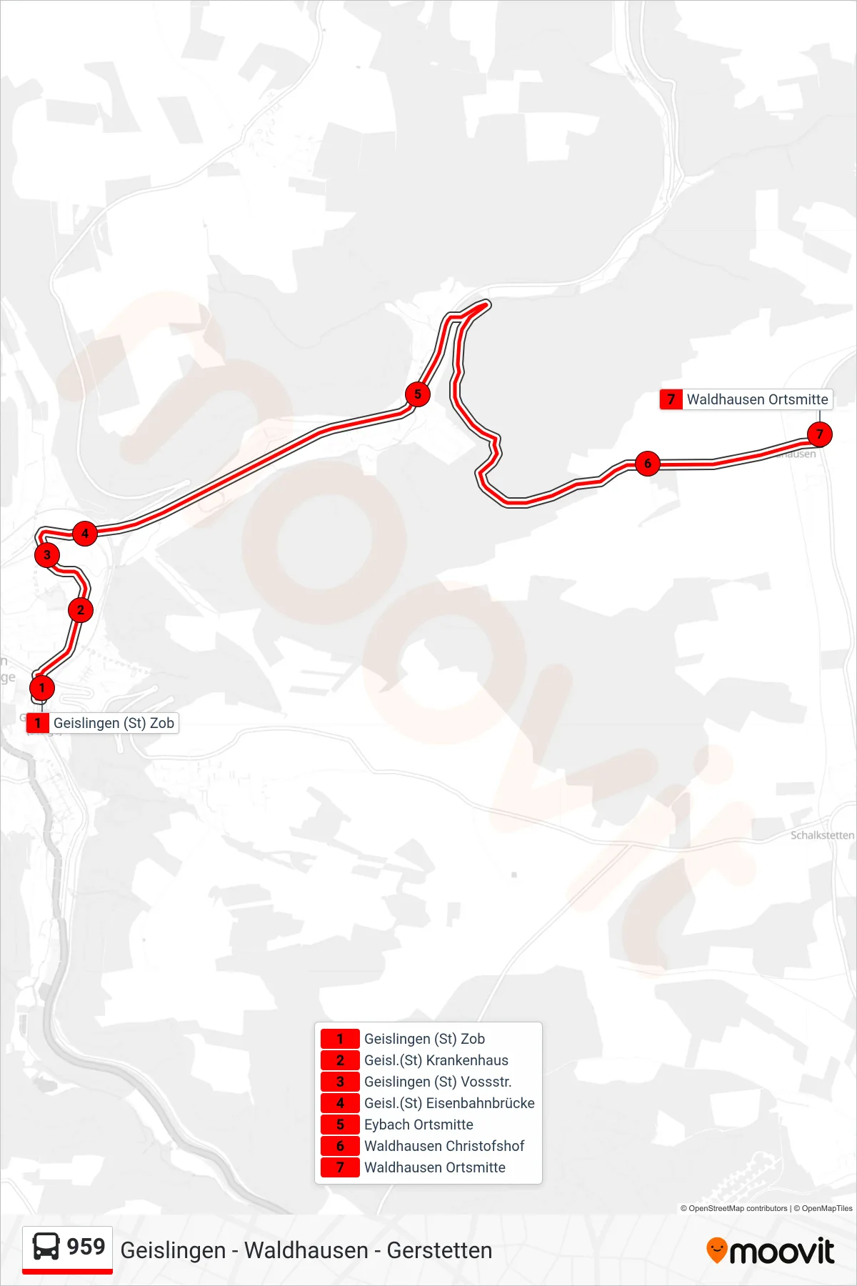 Linie 959 (Bus) Richtung Waldhausen Ortsmitte: Route und Haltestellen auf der Karte