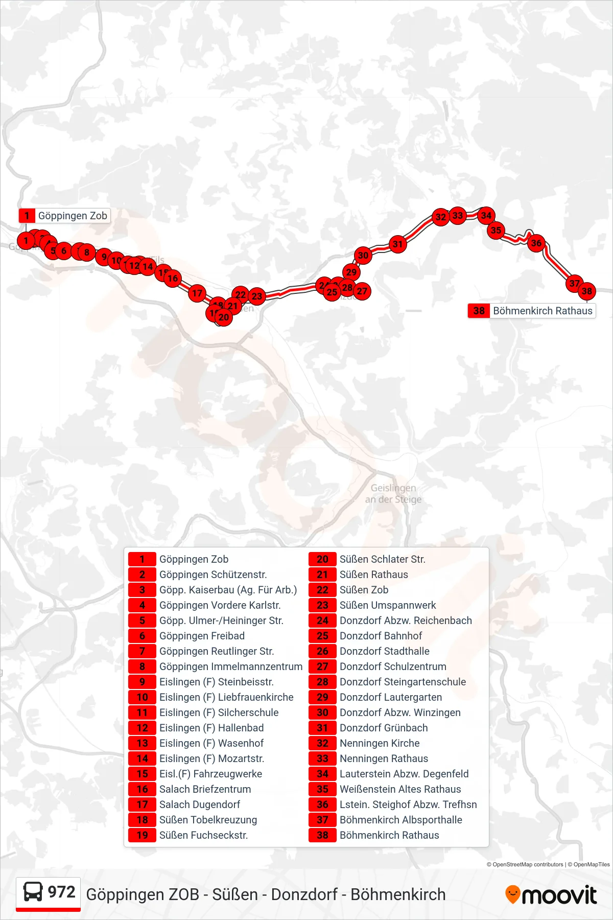 972 bus Line (Böhmenkirch Rathaus) route and stops on a map