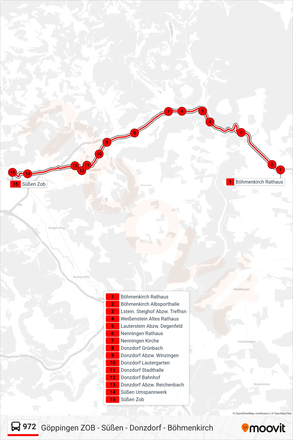 Linie 972 (Bus) Richtung Süßen Zob: Route und Haltestellen auf der Karte