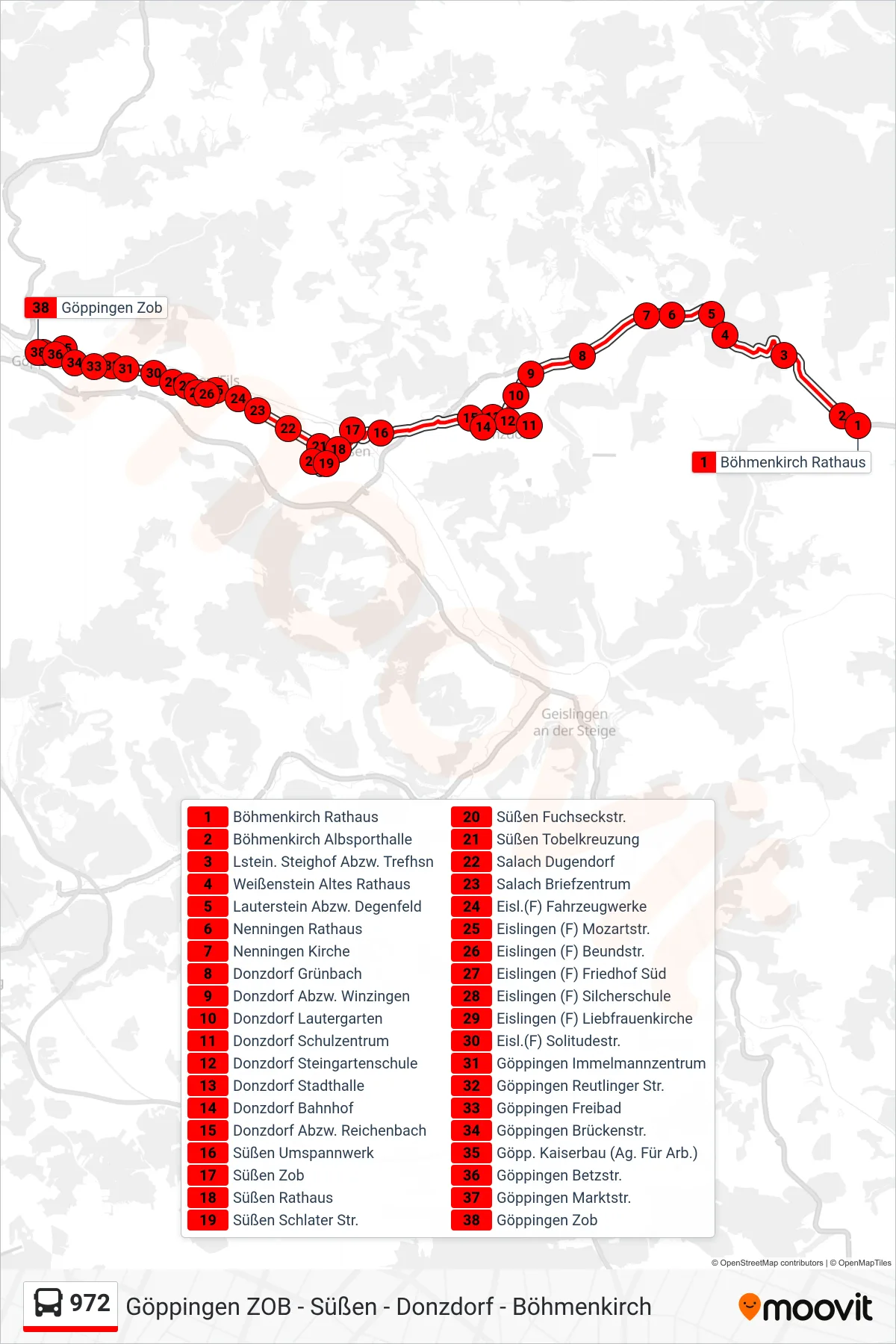 972 bus Line (Göppingen Zob) route and stops on a map