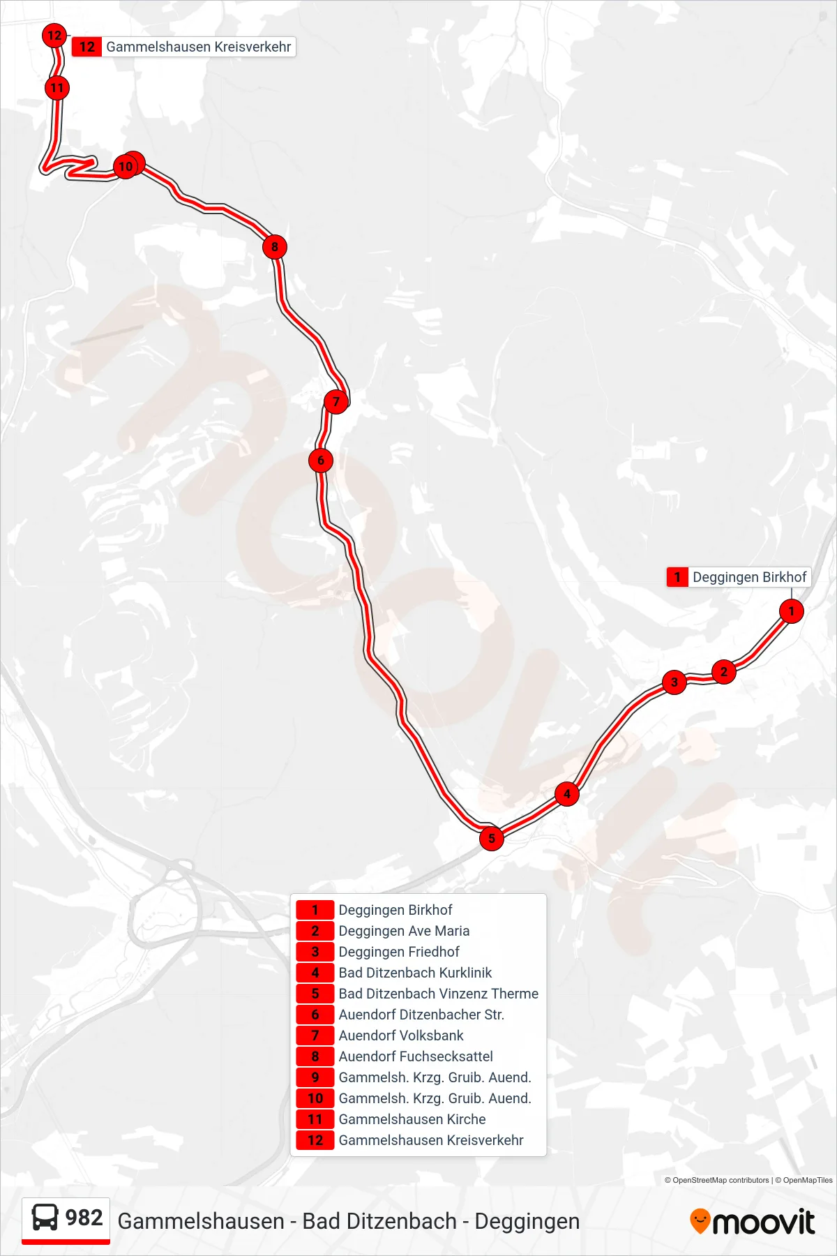 982 bus Line (Gammelshausen Kreisverkehr) route and stops on a map