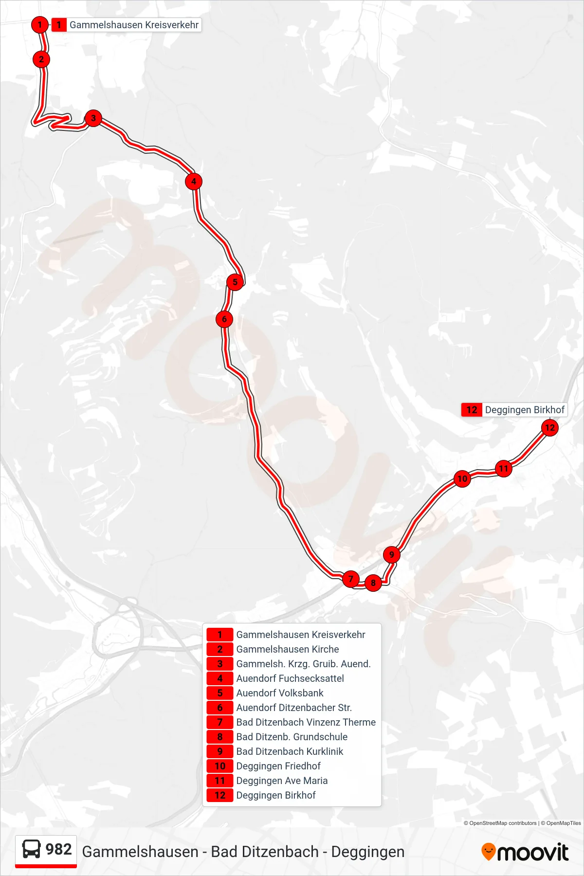 Linie 982 (Bus) Richtung Deggingen Birkhof: Route und Haltestellen auf der Karte
