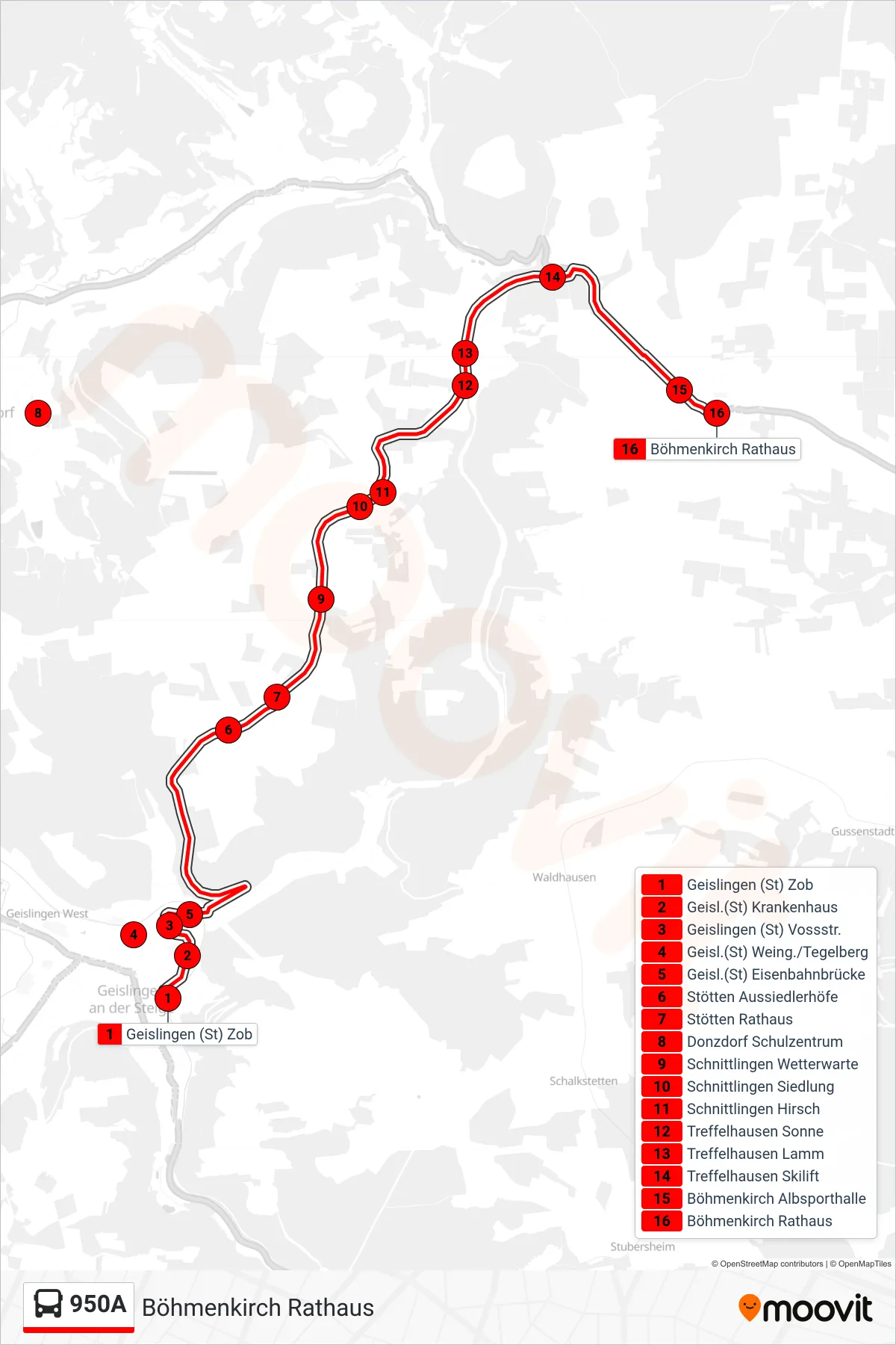 950A bus Line (Böhmenkirch Rathaus) route and stops on a map